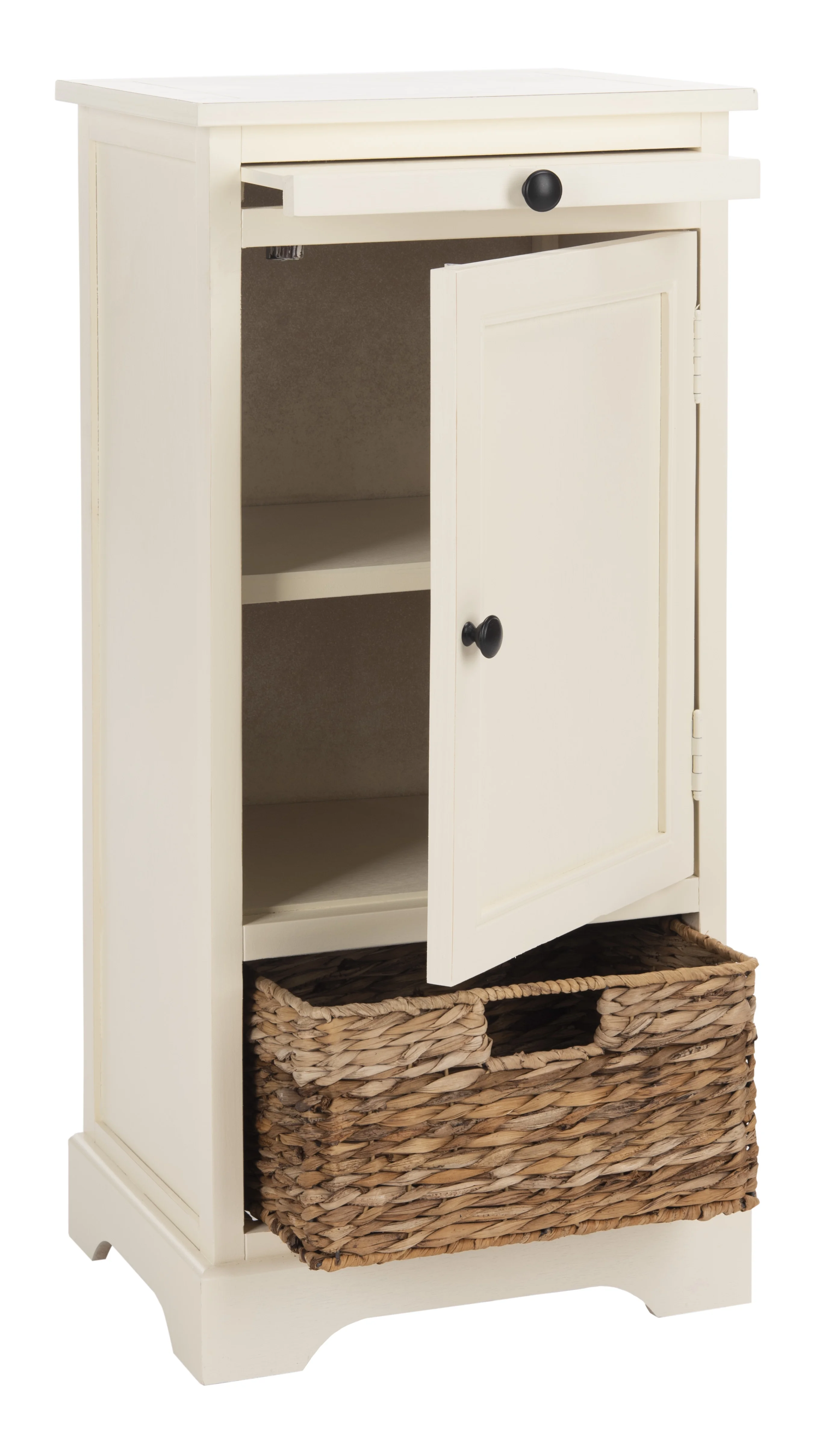 SAFAVIEH Raven Solid Tall Storage Unit with Pullout Table and Basket, Distressed Cream