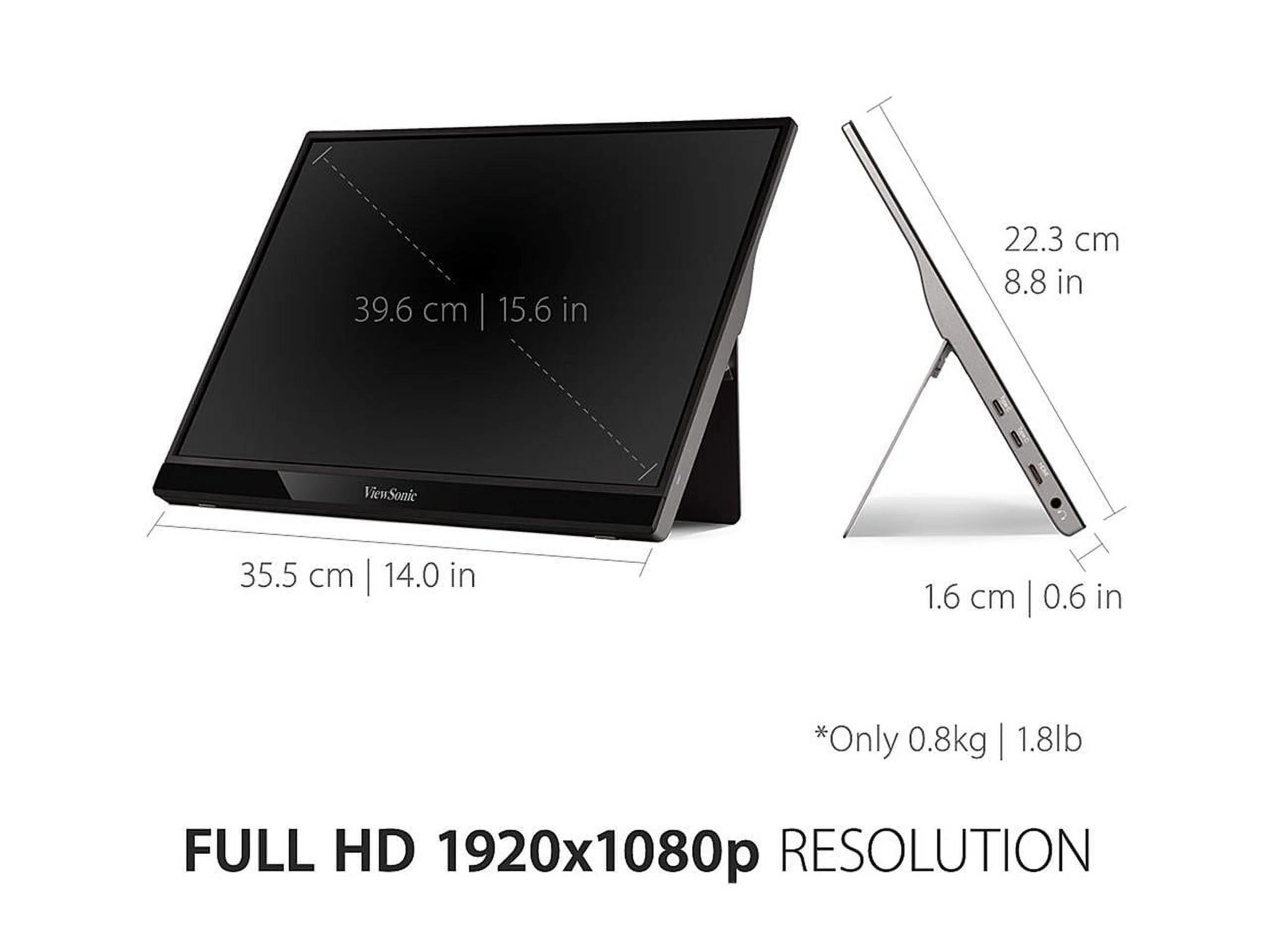 ViewSonic 15.6 Inch 1080p Portable Monitor with 2 Way Powered 60W USB C, IPS, Eye Care, Dual Speakers, Built in Stand with Cover (VG1655)
