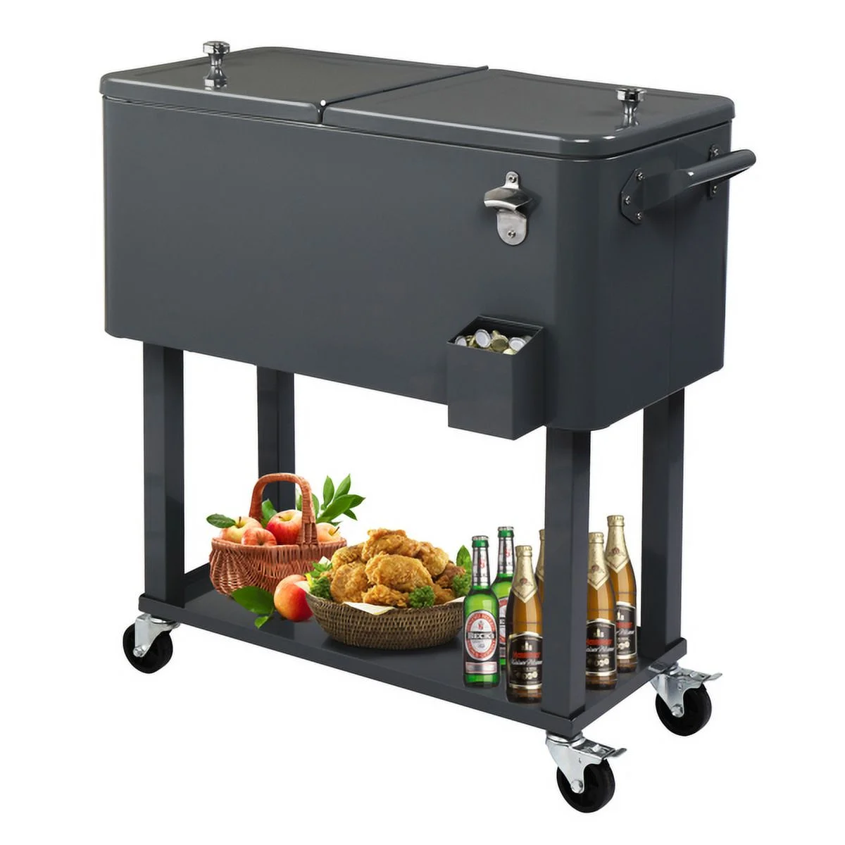 SYTHERS 80 Quart Rolling Ice Chest Cooler Cart,Patio Backyard Party Drink Beverage Bar Stand Up Cooler Trolley, Dark Grey