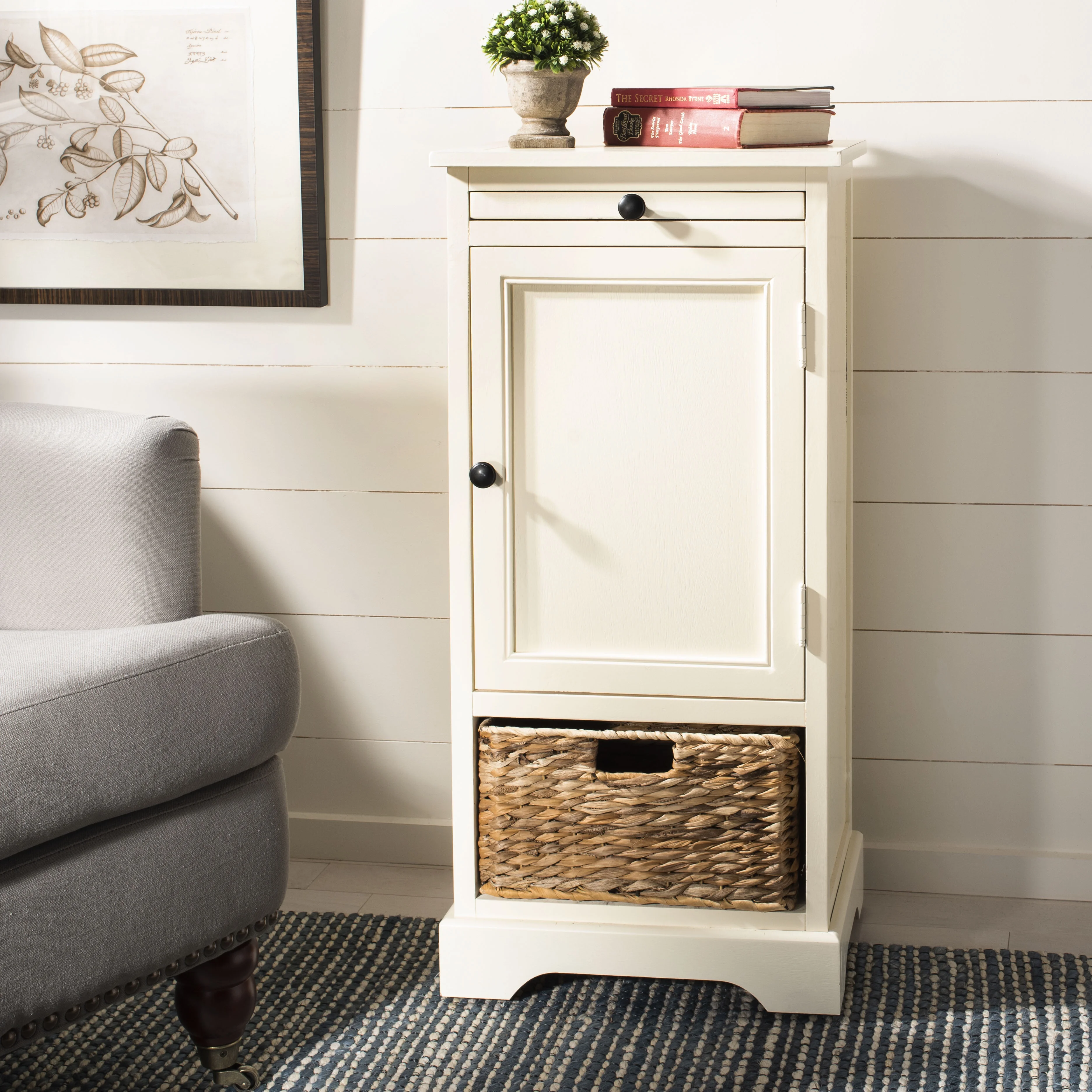 SAFAVIEH Raven Solid Tall Storage Unit with Pullout Table and Basket, Distressed Cream
