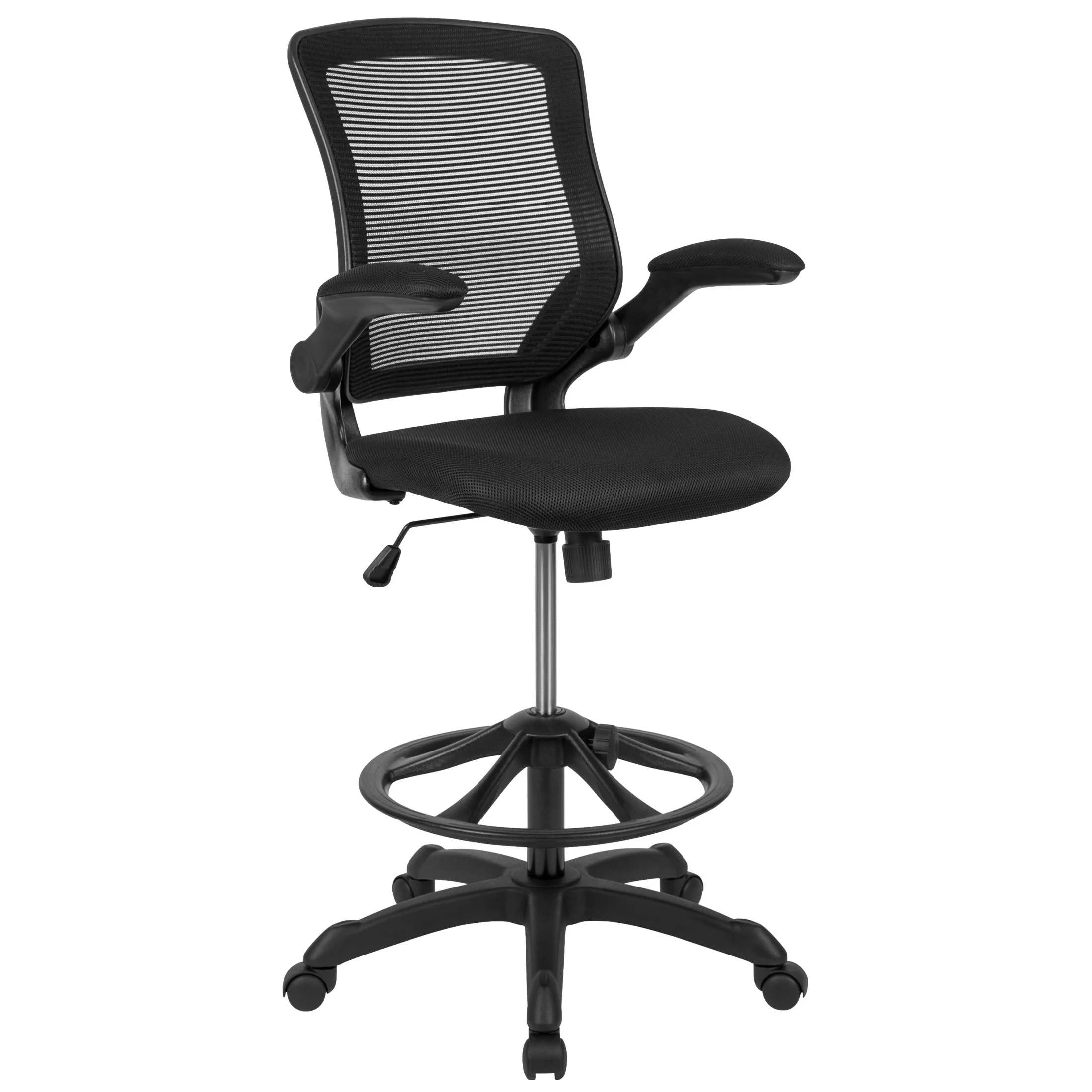 Flash Furniture Kale Mid-Back Black Mesh Ergonomic Drafting Chair with Adjustable Foot Ring and Flip-Up Arms