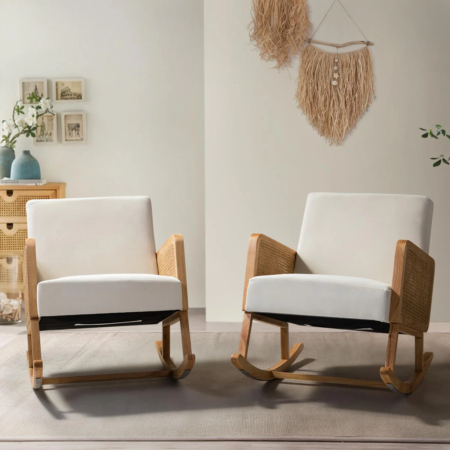 Rocking Accent Chair Rattan Arms for Leisure Time Modern Comfy Upholstered Glider Rocker Armchair Nursery Bedroom Set of 2 Beige