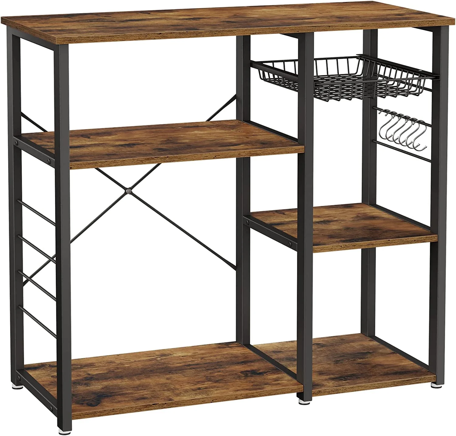 Baker's Rack, Coffee Bar Stand with Charging Station, Storage Shelves, Pull-Out Wire Basket, Table for Microwave, Kitchen, Rustic Brown