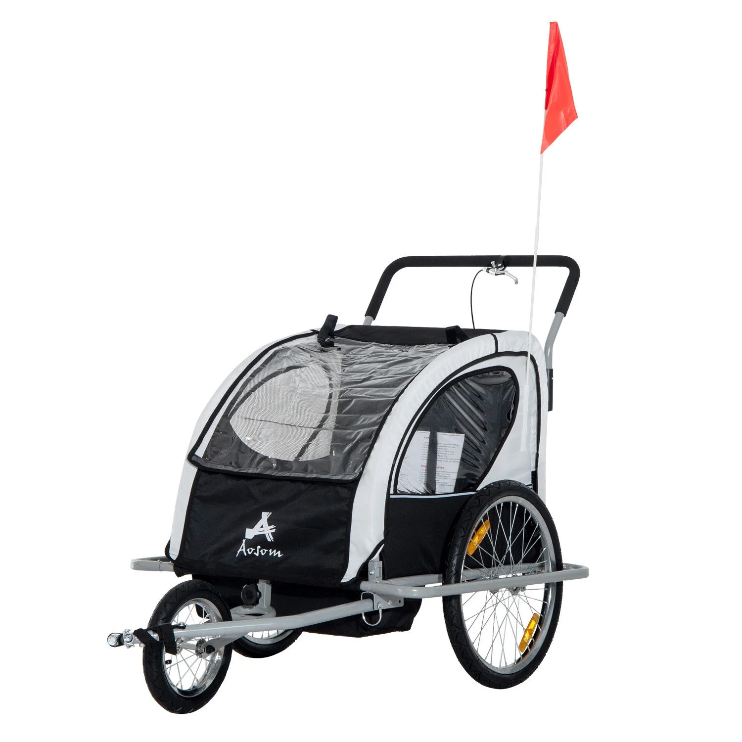 Aosom Elite Three-Wheel Bike Trailer for Kids Bicycle Cart for Two Children with 2 Security Harnesses & Storage, White