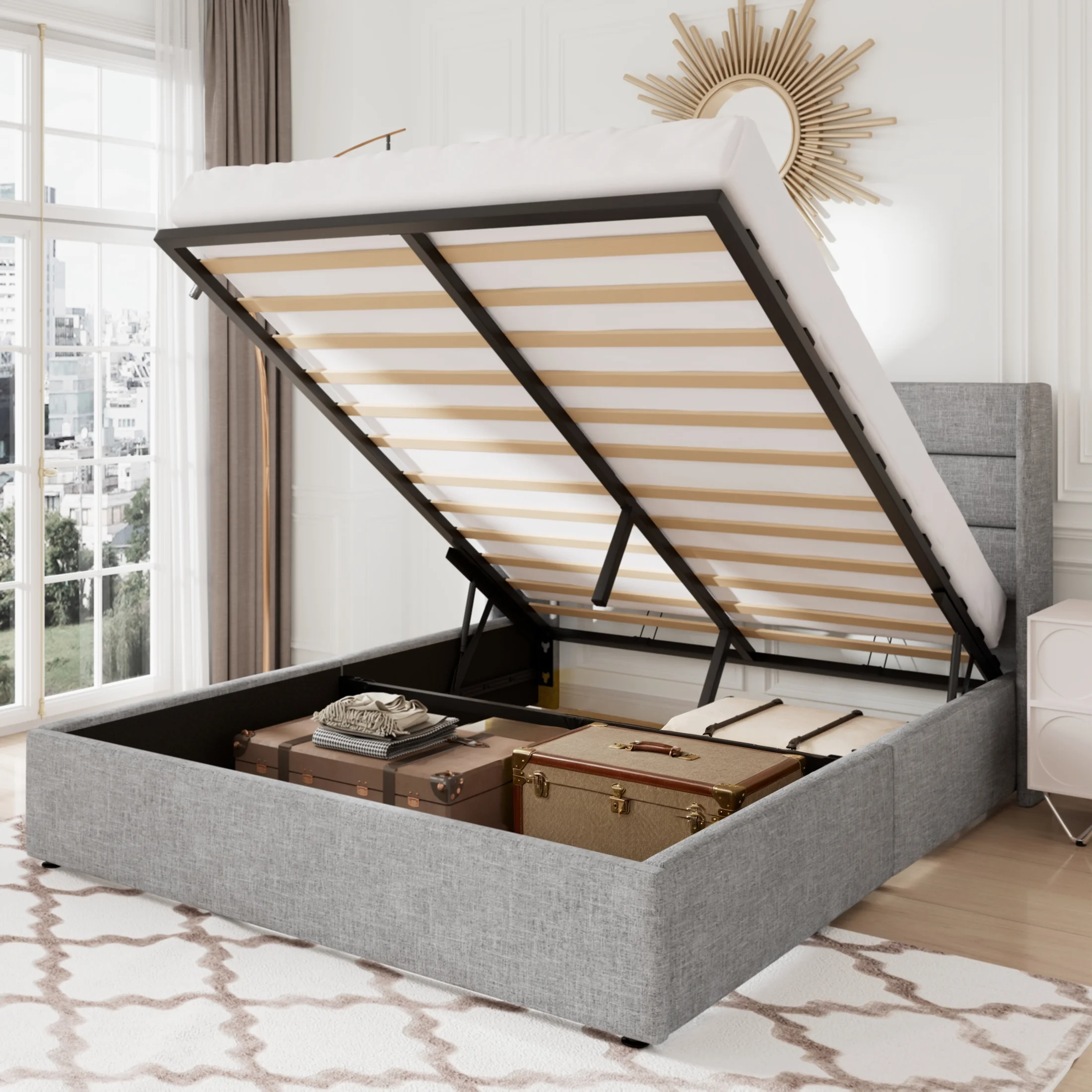 Allewie Queen Size Lift Up Platform Storage Bed Frame with Channel Wingback Headboard, Light Grey