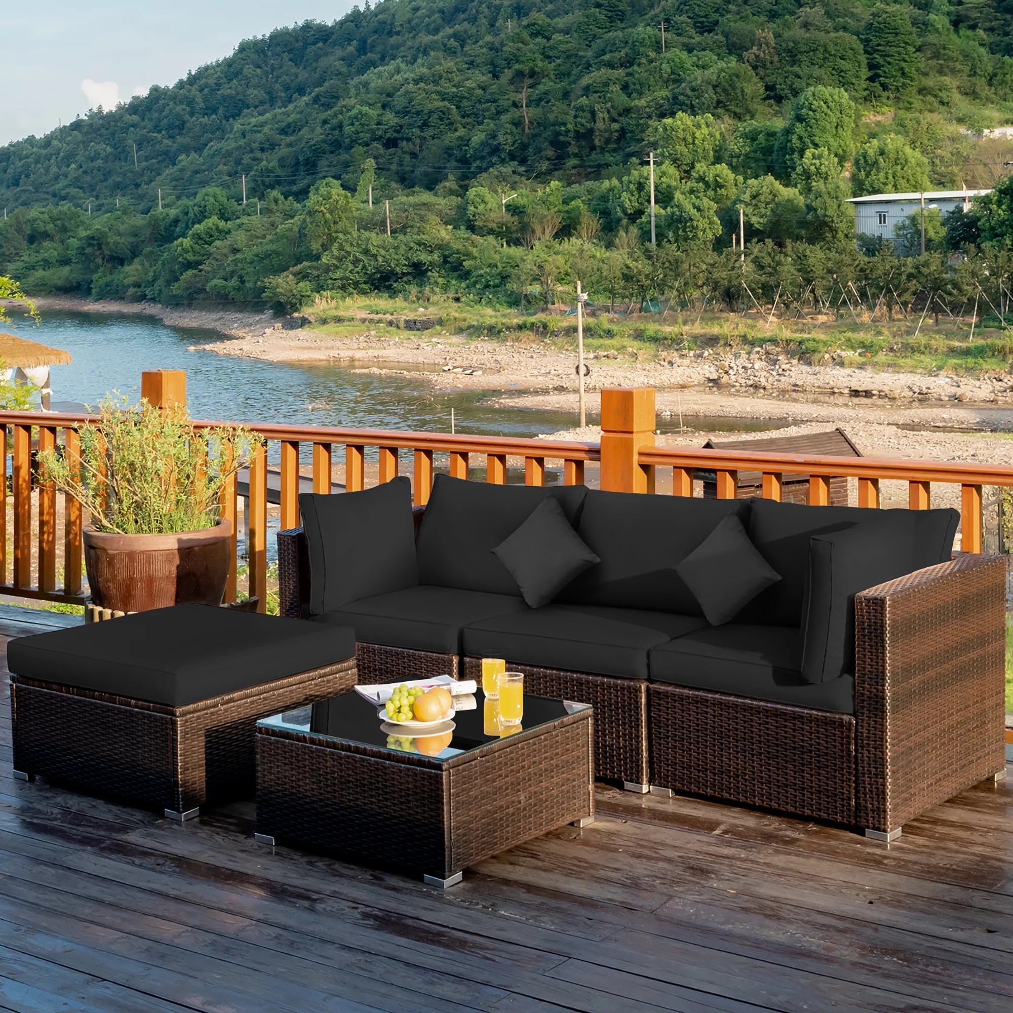 Costway 5PCS Outdoor Patio Rattan Furniture Set Sectional Conversation Black Cushion