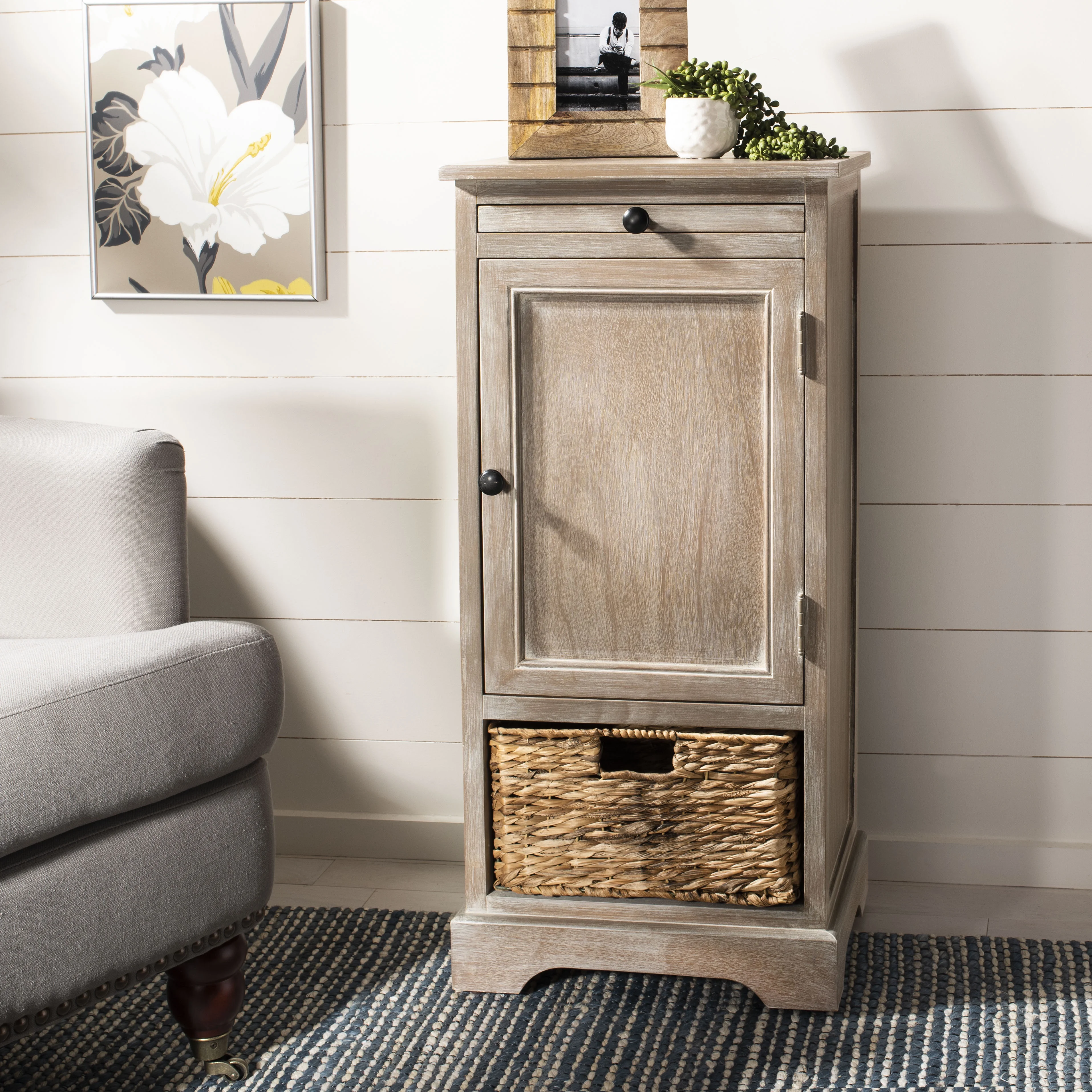 SAFAVIEH Raven Solid Tall Storage Unit with Pullout Table and Basket, Vintage White