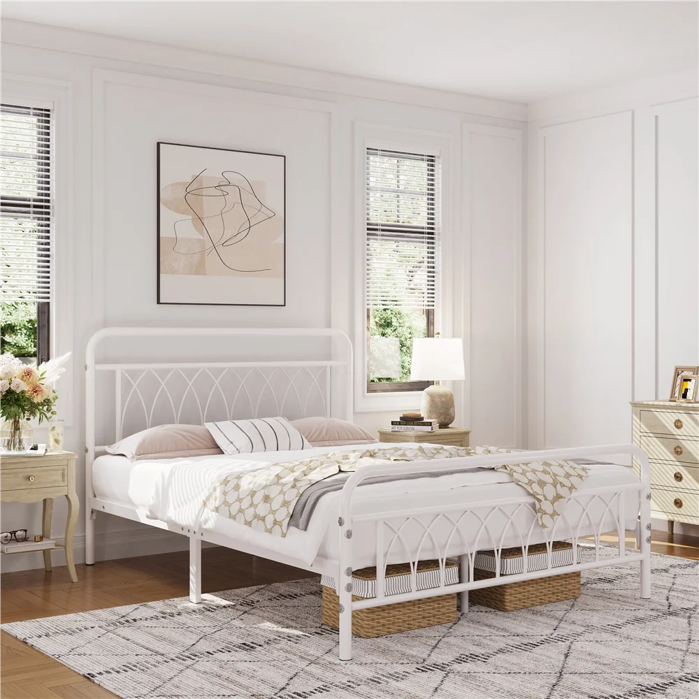 Topeakmart Metal Platform Bed Frame with Petal Accented Headboard and Footboard, Queen Size, White