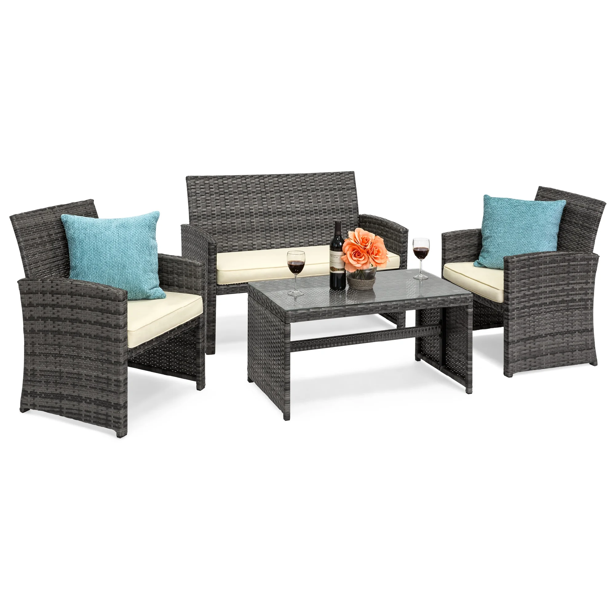 Best Choice Products 4-Piece Outdoor Wicker Patio Conversation Furniture Set w/ Table, Cushions - Gray/Cream