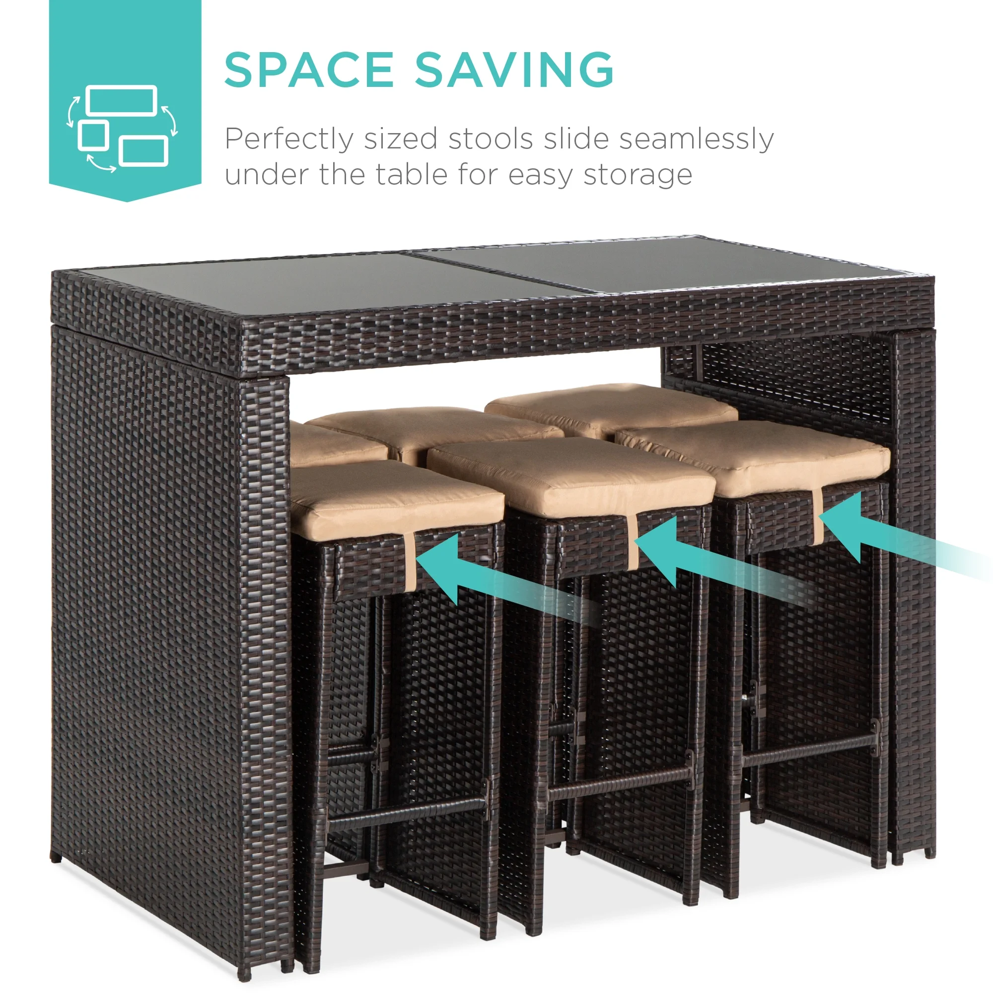 Best Choice Products 7-Piece Outdoor Wicker Bar Dining Set, Rattan Patio Furniture w/ Glass Table Top, 6 Stools - Brown