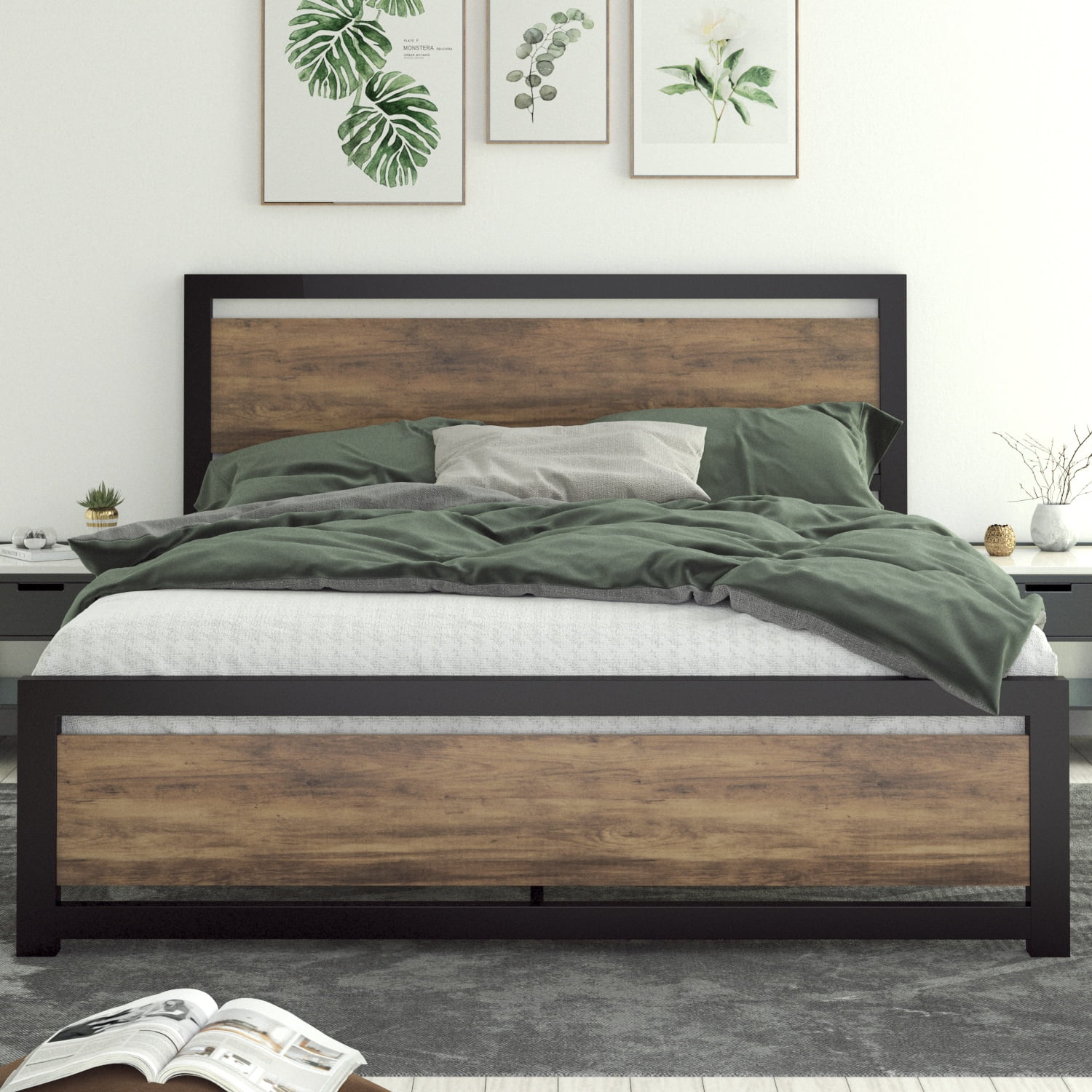 Allewie Queen Size Metal Platform Bed Frame with Square Frame Wooden Headboard&Footboard, 12.4