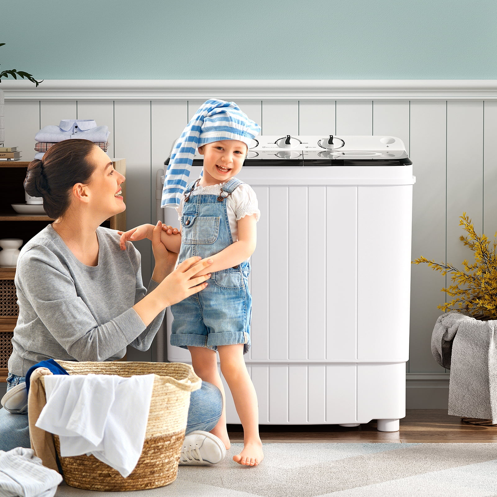 Costway Portable Washing Machine 17.6 lbs Twin Tub Laundry Washer with Drain Pump Grey
