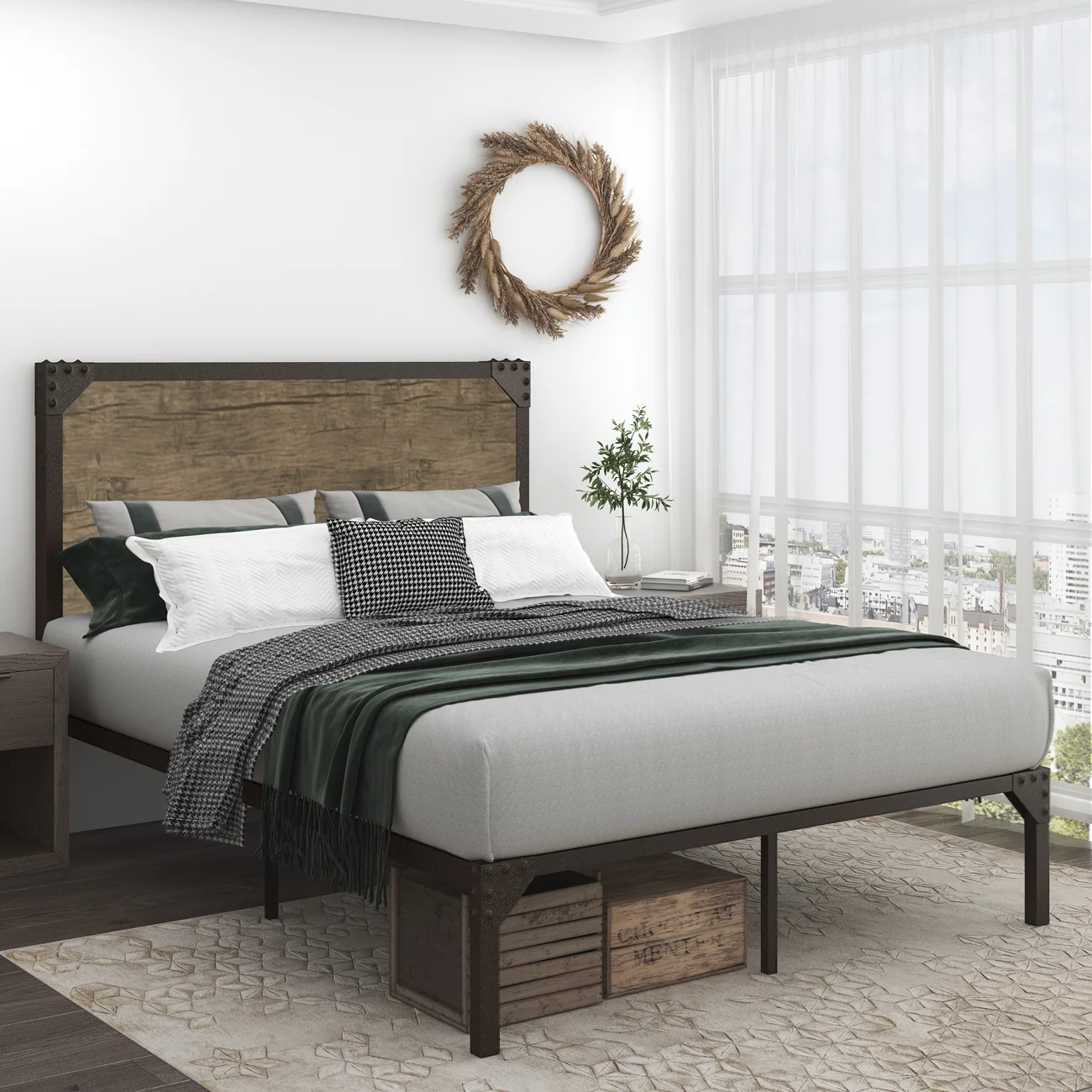 Allewie Queen Size Industrial Platform Metal Bed Frame with Wooden Rivet Headboard, Strong Steel Slat Support, 11