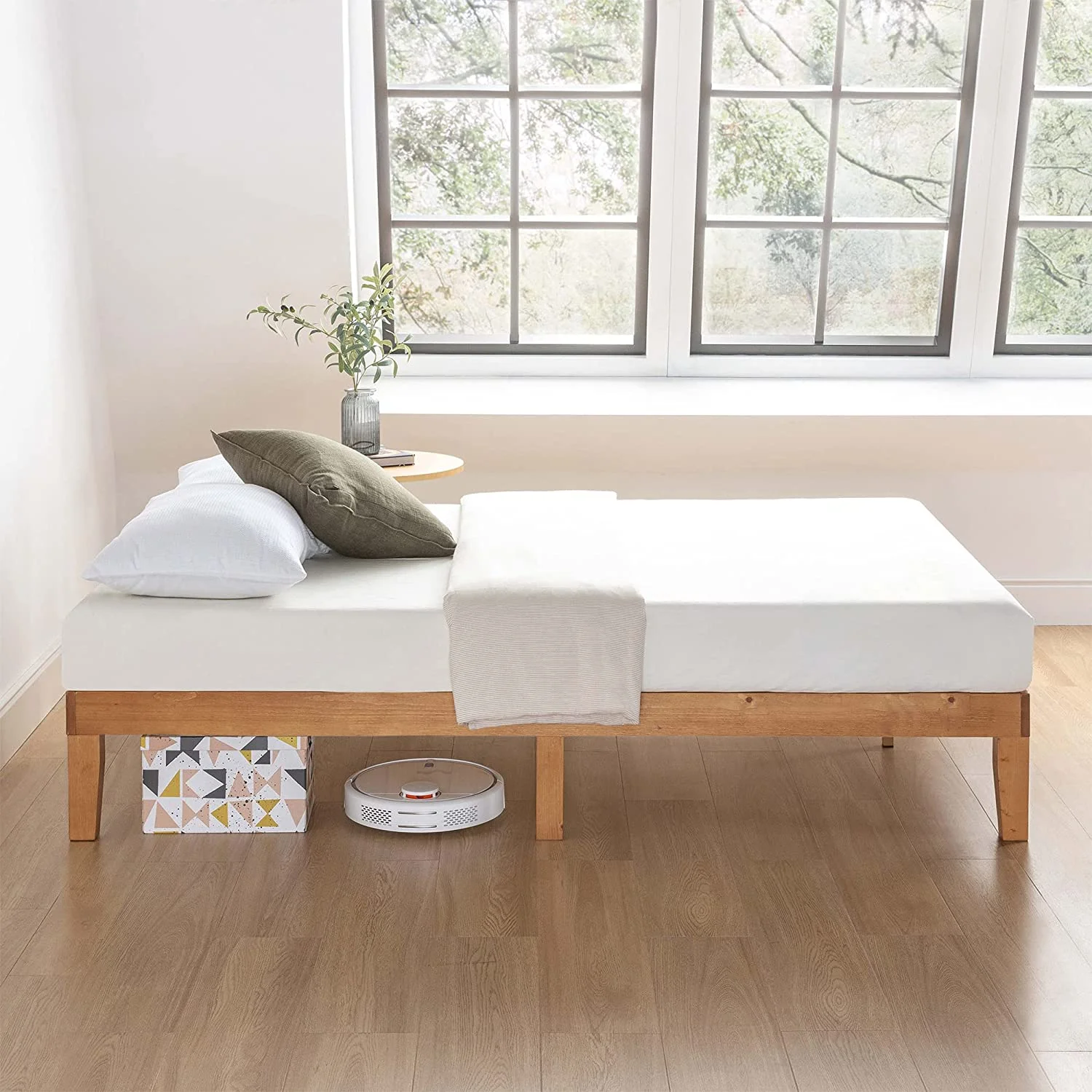 Mellow Naturalista Classic - 12 Inch Solid Wood Platform Bed with Wooden Slats, No Box Spring Needed, Easy Assembly, Queen, Natural Pine