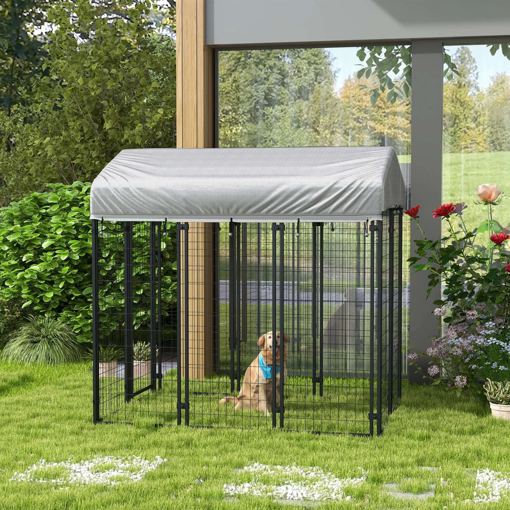 PawHut 6' x 4' x 6' Dog Playpen Outdoor, Dog Kennel Dog Exercise Pen with Lockable Door, Water-resistant Canopy, for Medium and Large Dogs