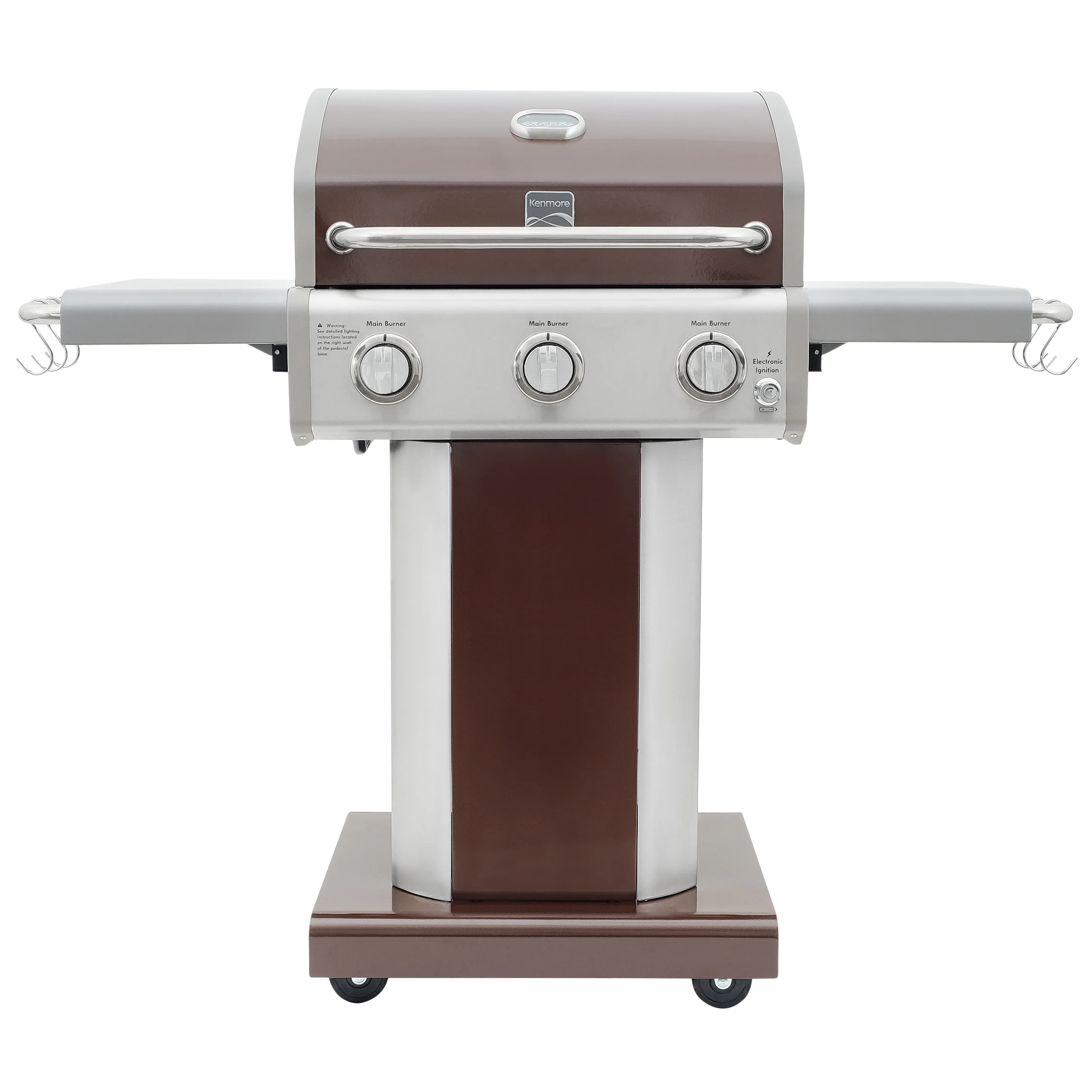 Kenmore 3-Burner Gas Grill, Outdoor BBQ Grill, Propane Grill with Foldable Side Tables, Mocha Brown