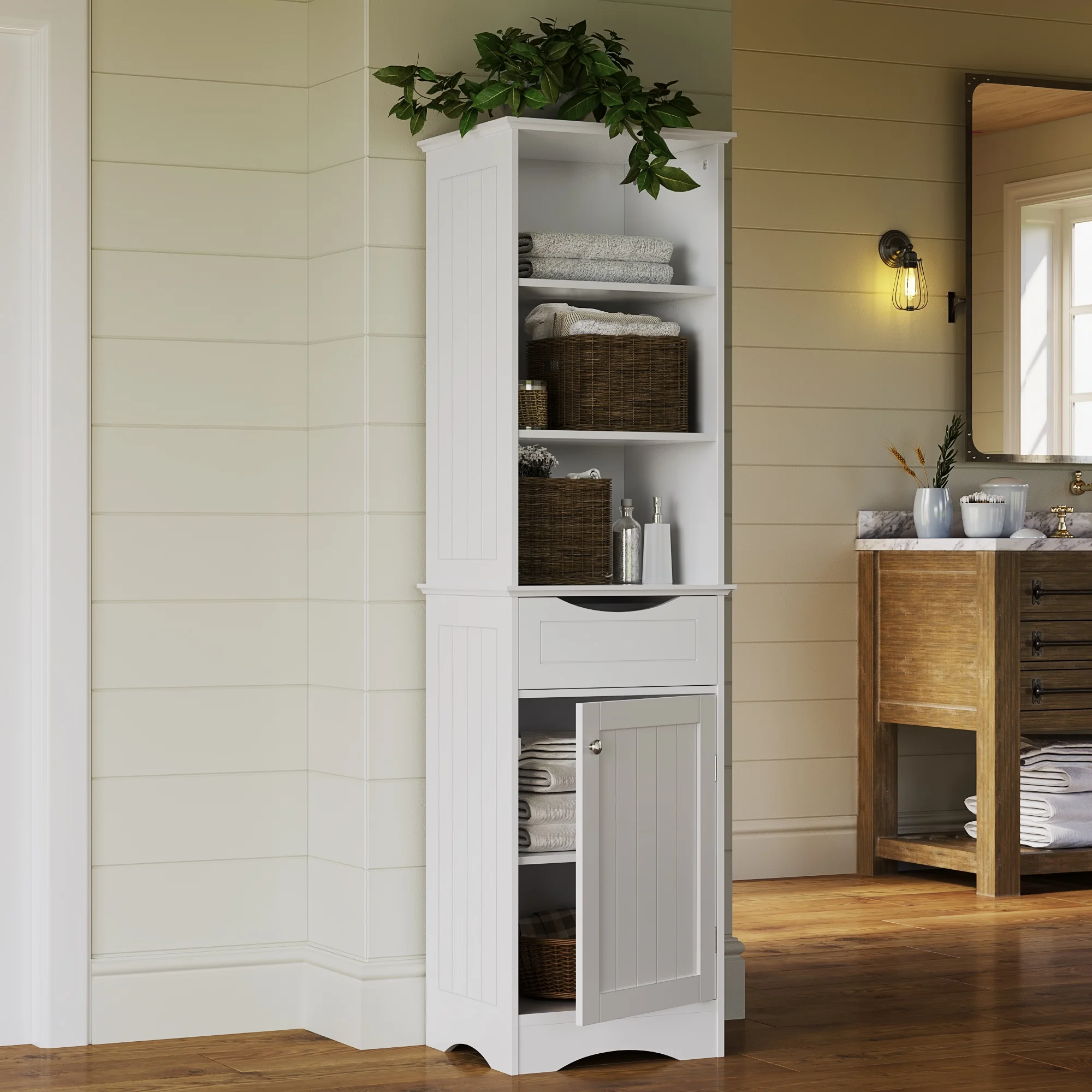 RiverRidge Ashland Tall Bathroom Storage Linen Cabinet and Organizer with Drawer and Shelves - White