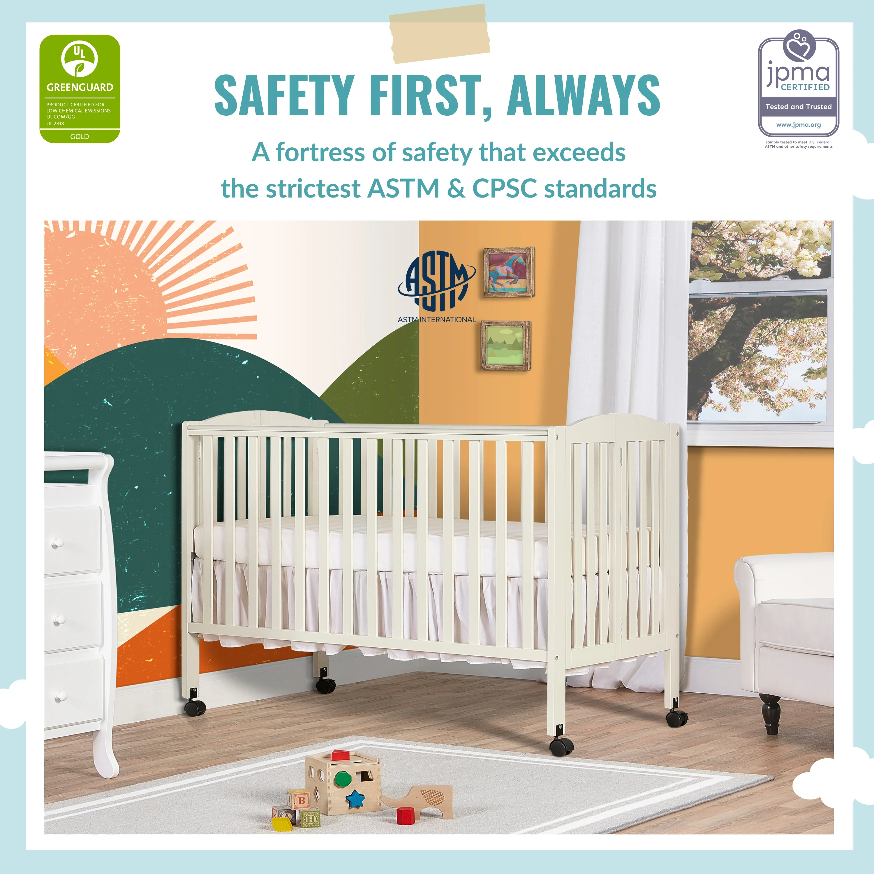 Dream On Me Full Size 2-in-1 Folding Stationary Side Crib, Locking Wheels, French White