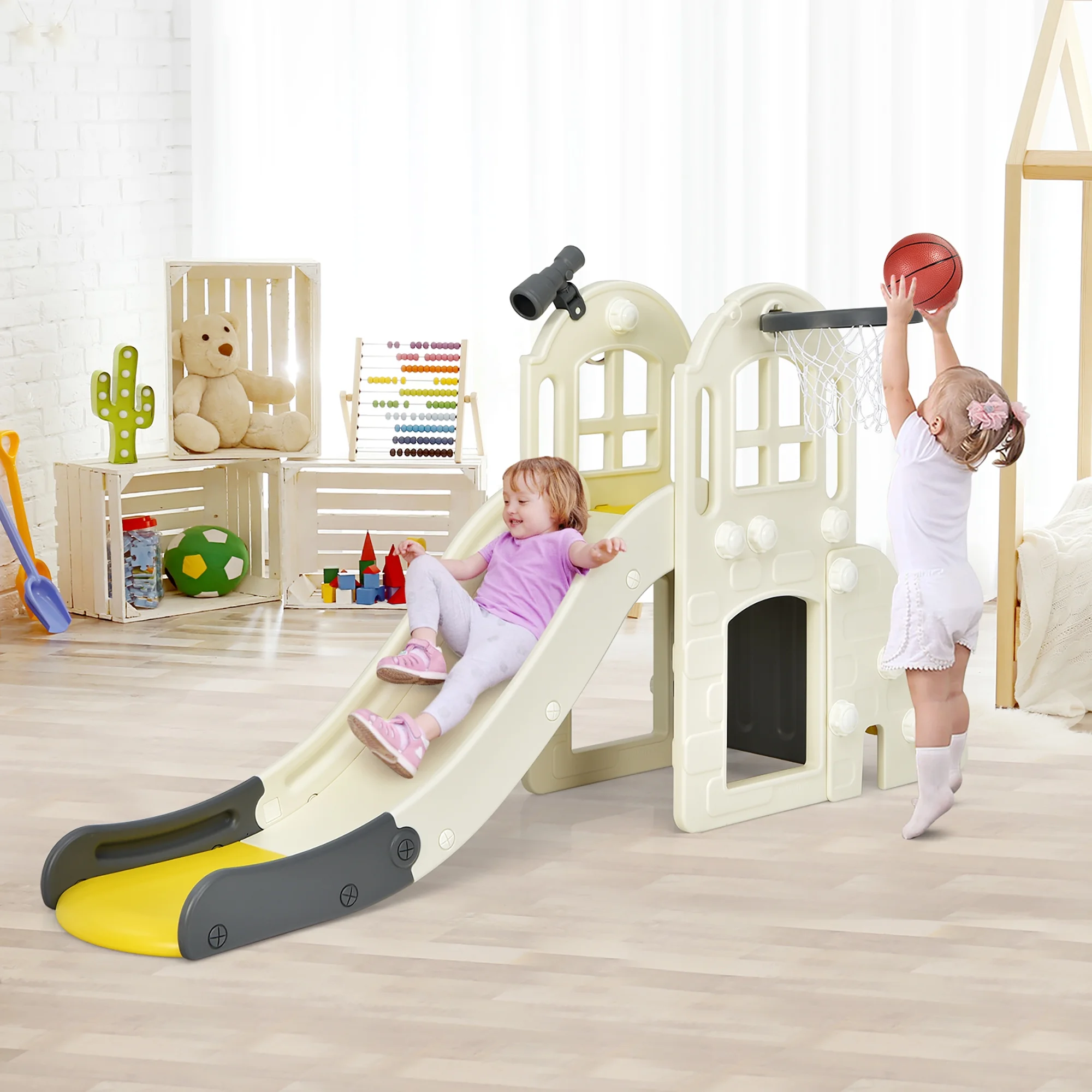 Costway 6-In-1 Large Slide for Kids Toddler Climber Slide Playset w/ Basketball Hoop Yellow