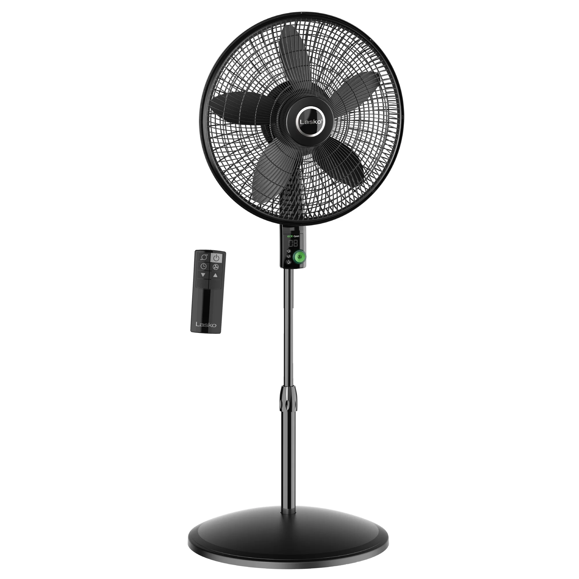 Lasko Oscillating 18” EcoQuiet DC Motor 12-Speed Pedestal Fan with Remote, S18708, Black