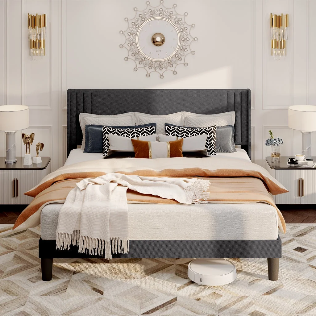 AIHO Queen Size Bed Frame, Upholstered Platform Bed Frame with Sturdy Metal Frame, Modern Wingback Headboard - Dark Gray