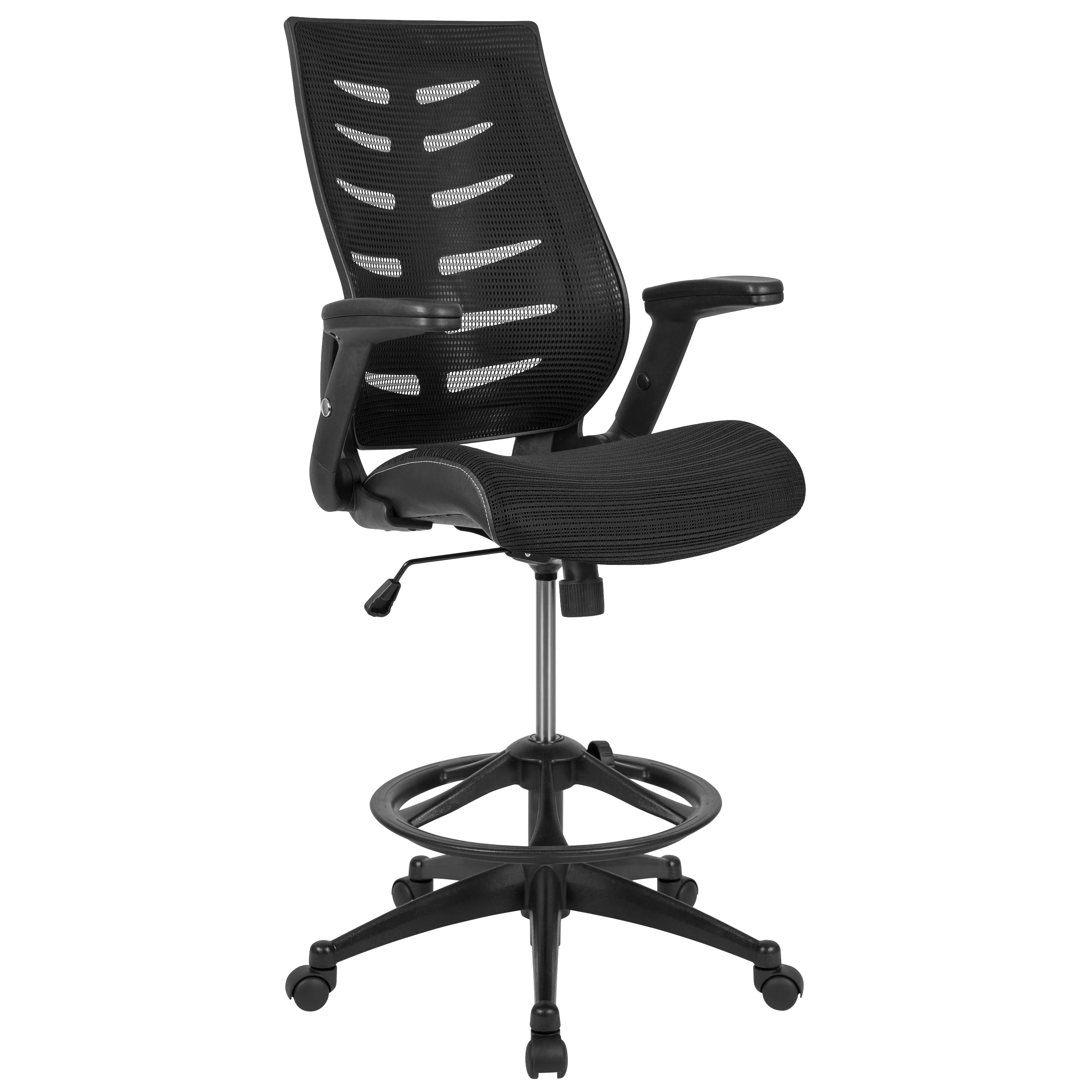 Flash Furniture Kale High Back Black Mesh Spine-Back Ergonomic Drafting Chair with Adjustable Foot Ring and Adjustable Flip-Up Arms