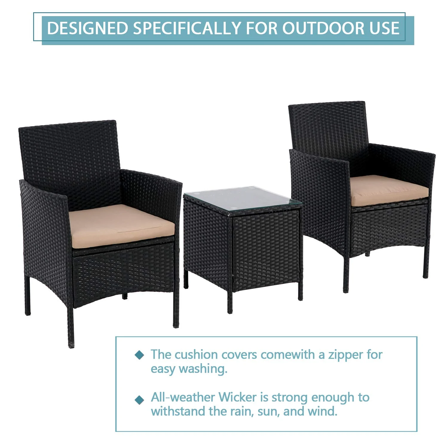 SUNCROWN 3 Piece Patio Furniture Outdoor Bistro Set All-Weather Black Wicker and Glass Side Table with Brown Cushions