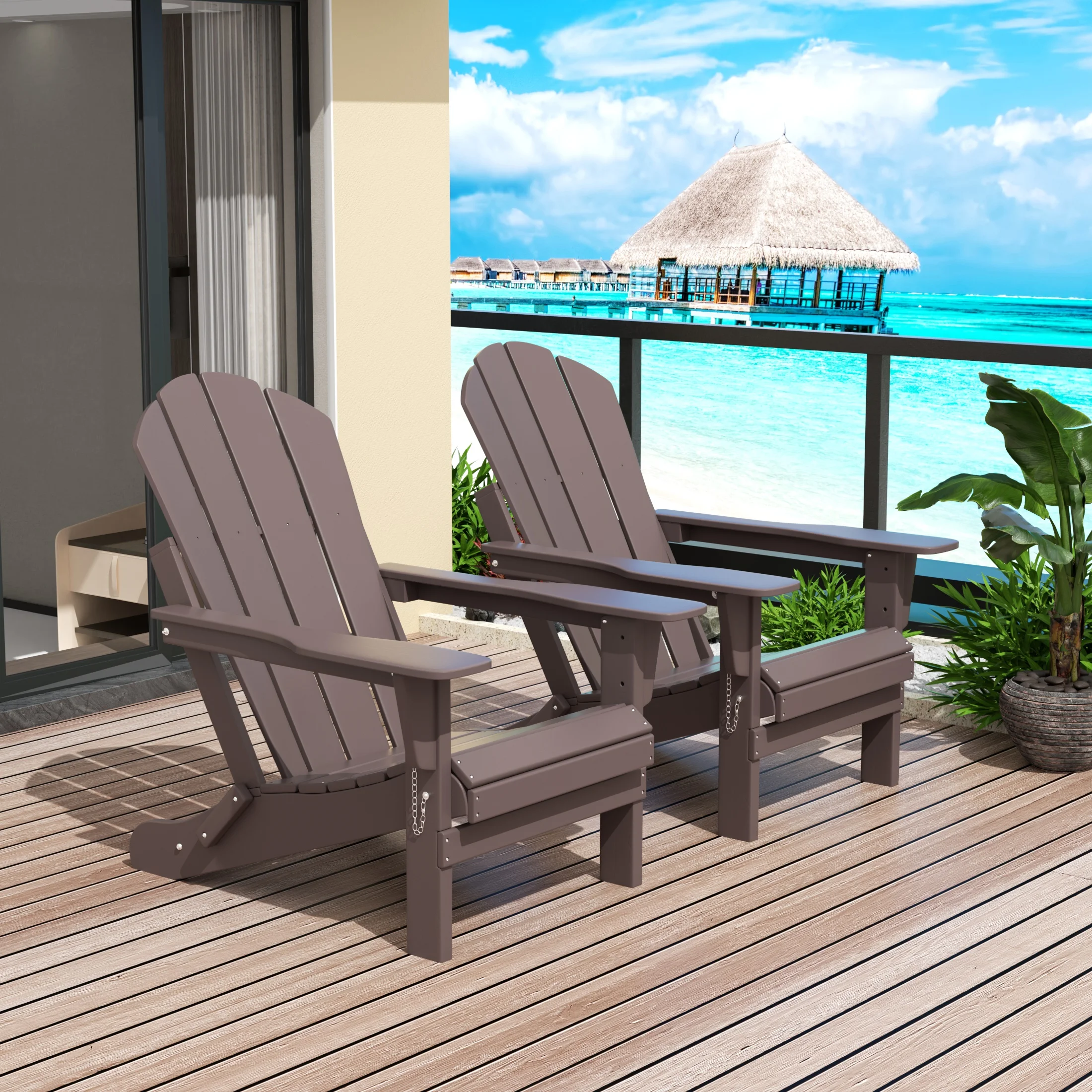 Westintrends 2 Pcs Outdoor Folding HDPE Adirondack Patio Chairs, Weather Resistant, Dark Brown