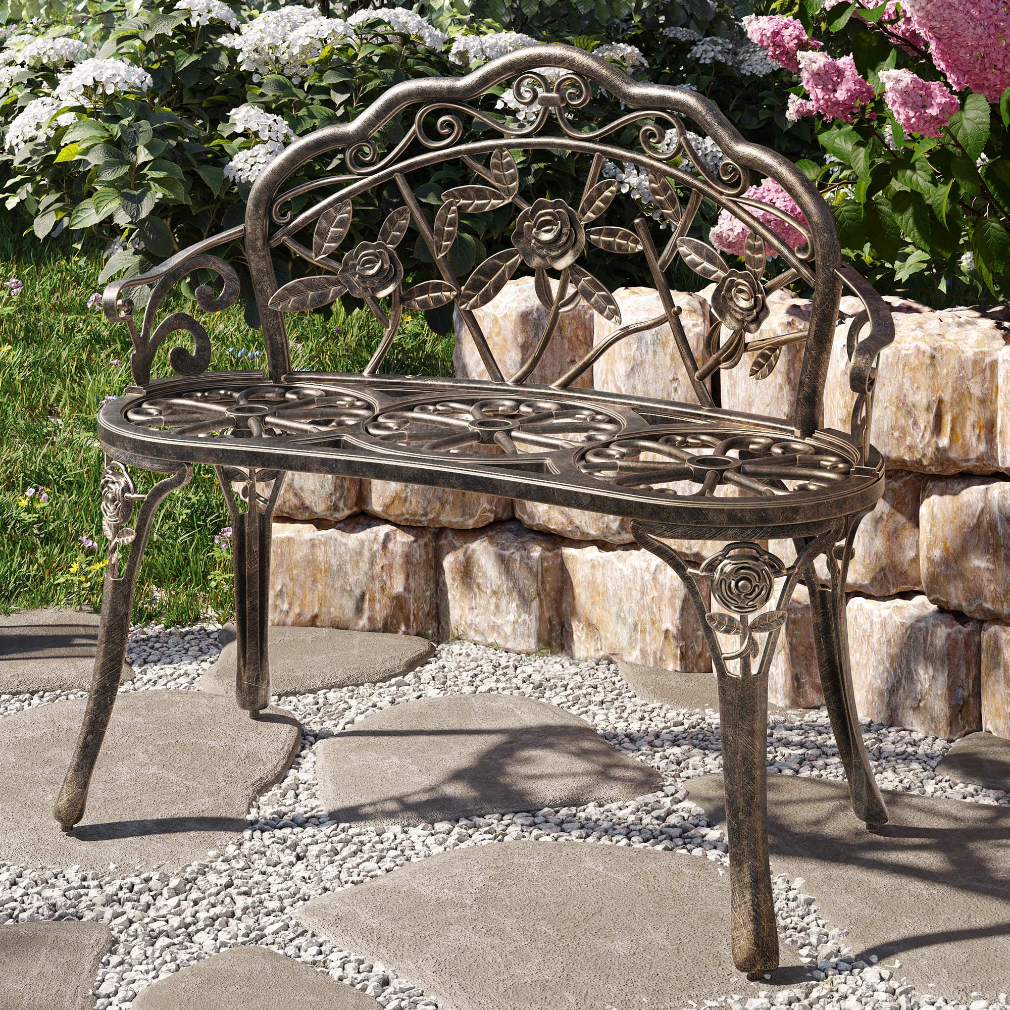 BELLEZE Antique Designed Rose Style Outdoor Patio Park Garden Bench Bronze Love Seat Cast Aluminum Backyard Porch Home Pool