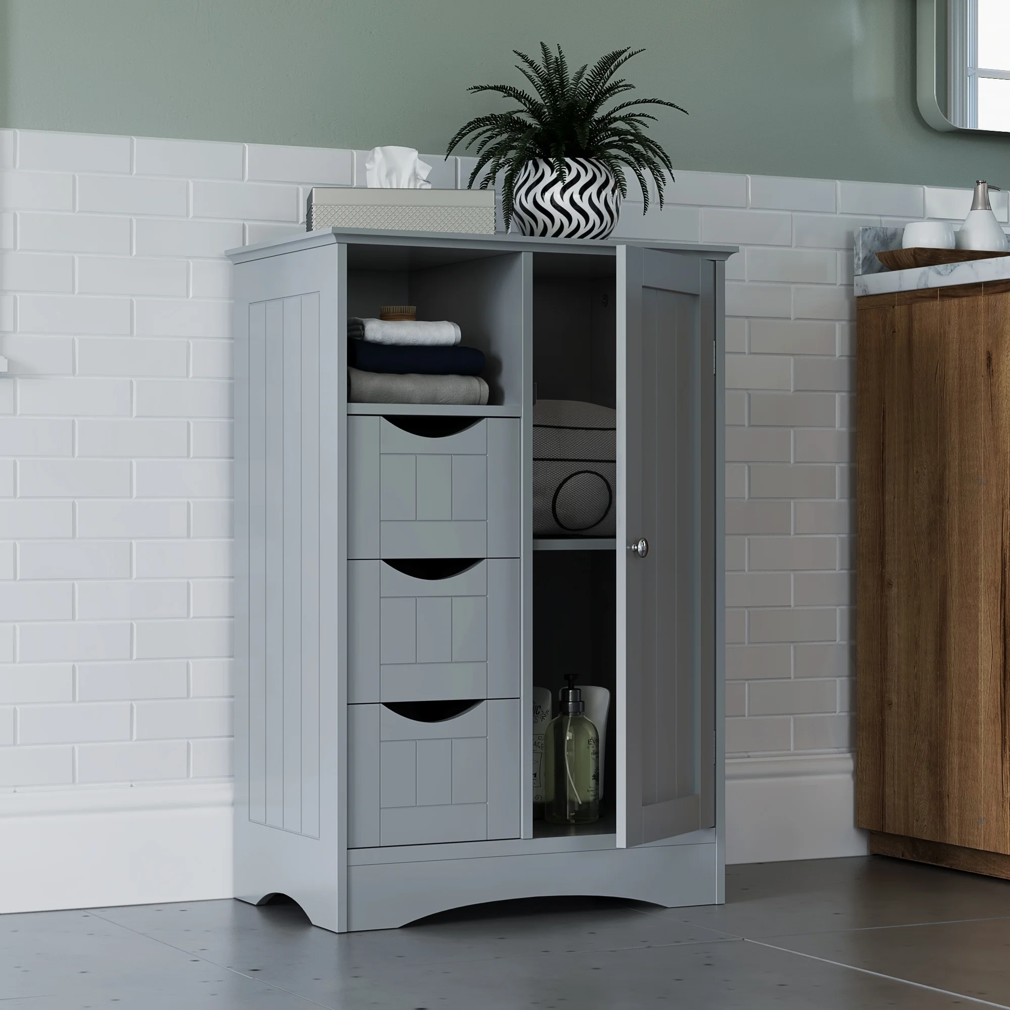 RiverRidge Ashland Single Door Bathroom and Laundry Storage Cabinet with 3 Drawers, Open and Adjustable Shelf - White