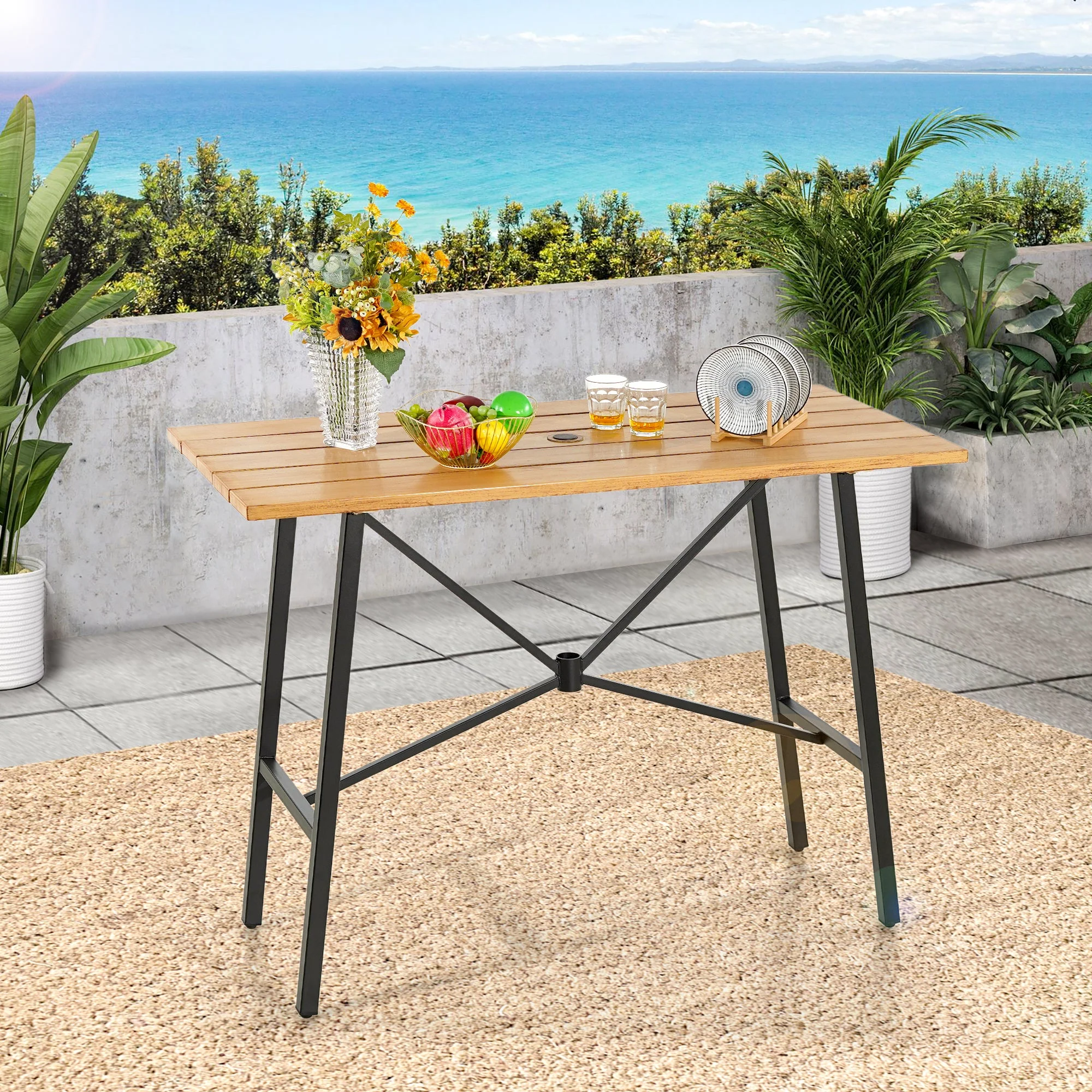 Sophia & William 5 Piece Patio Outdoor Bar Set Height Teak Wood Table and Swivel Chairs Metal Furniture Set,Brown