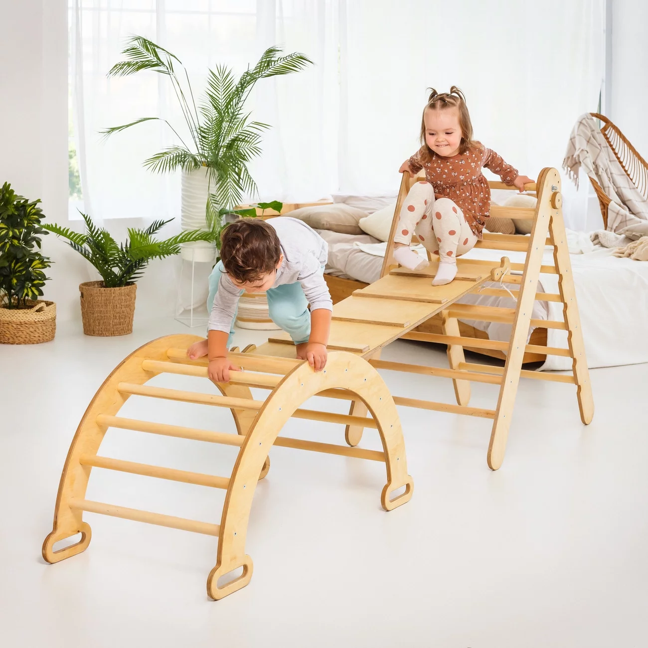 3in1 Indore Montessori Climbing Set for Kids 1-7 y.o.: Triangle Ladder + Chocolate Wooden Arch + Slide Board - Christmas Gift for Toddlers
