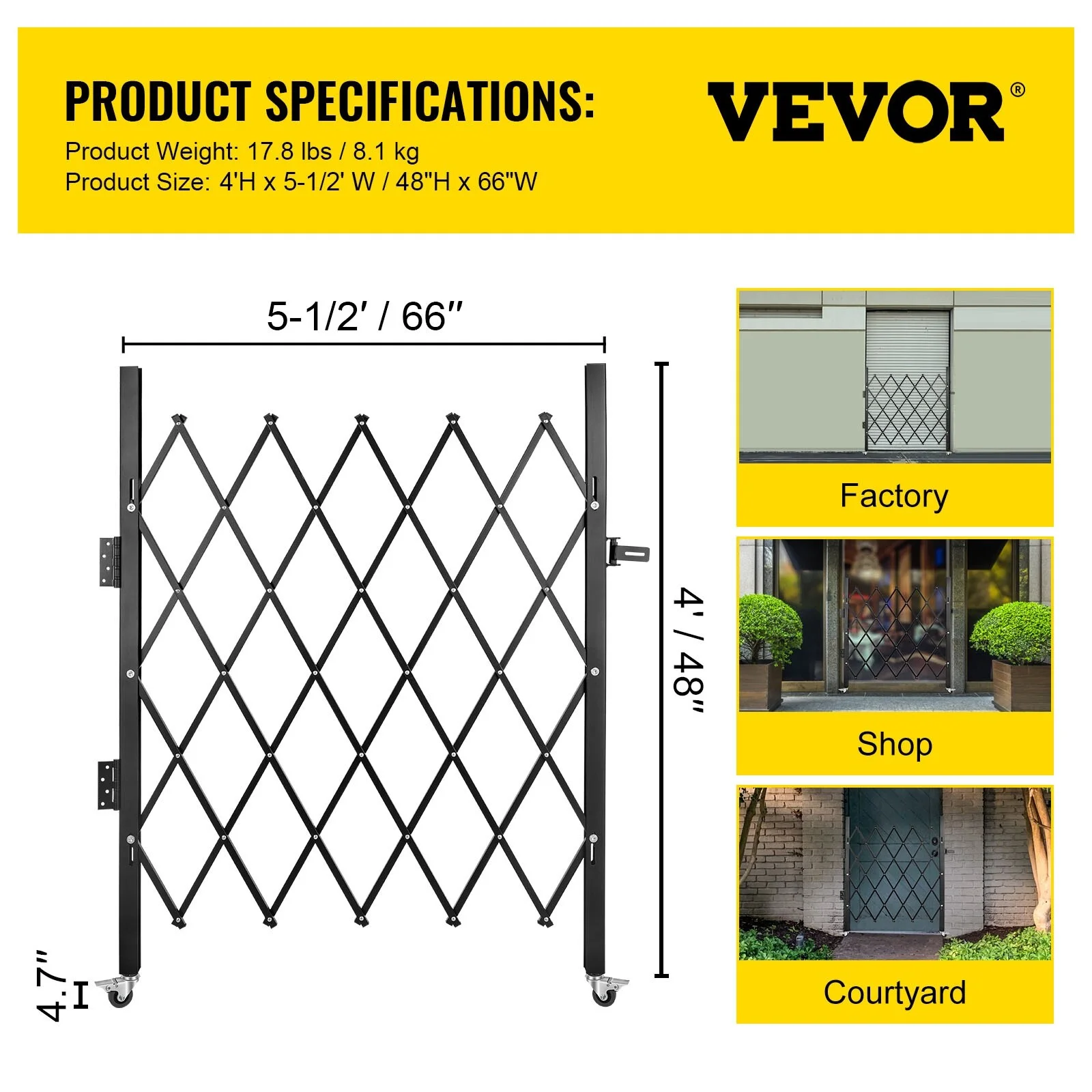VEVOR Single Folding Security Gate Folding Door Gate Flexible Expanding Security Gate 48