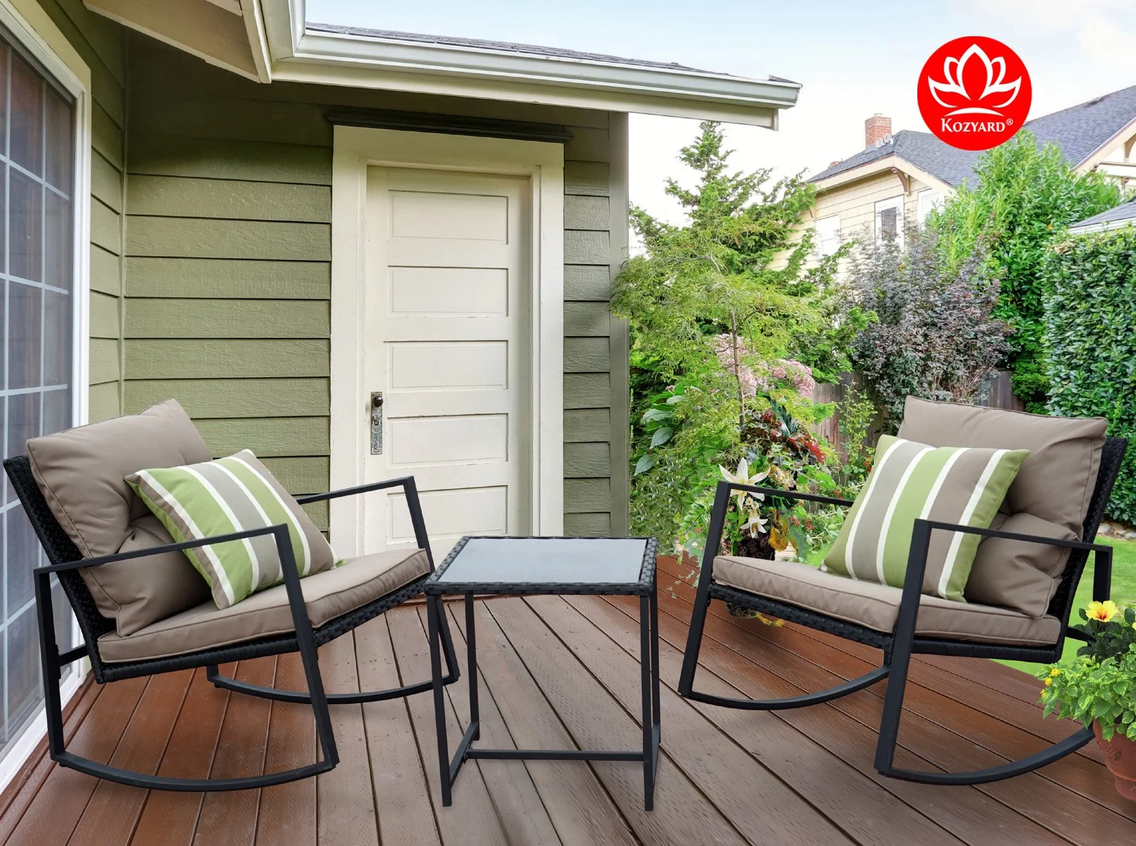 Moana Outdoor 3-piece Rocking Wicker Bistro Set, Two Chairs and One Glass Coffee Table, Black Wicker Furniture(Taupe Cushion + Lime Stripe Pillow)