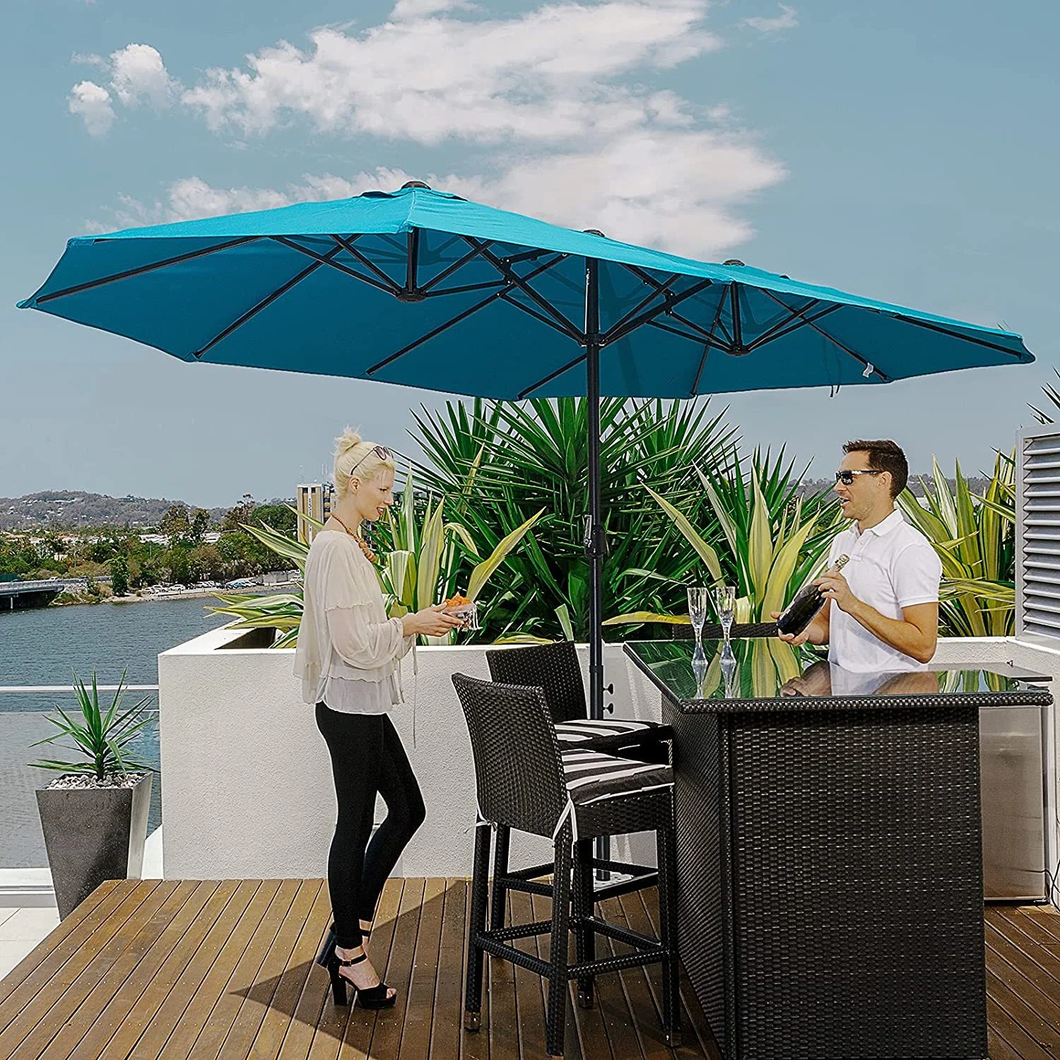 Ruzhong 15ft Patio Umbrella Double-Sided Outdoor Market Extra Large Umbrella with Crank Handle for Deck, Lawn, Backyard and Pool, Blue