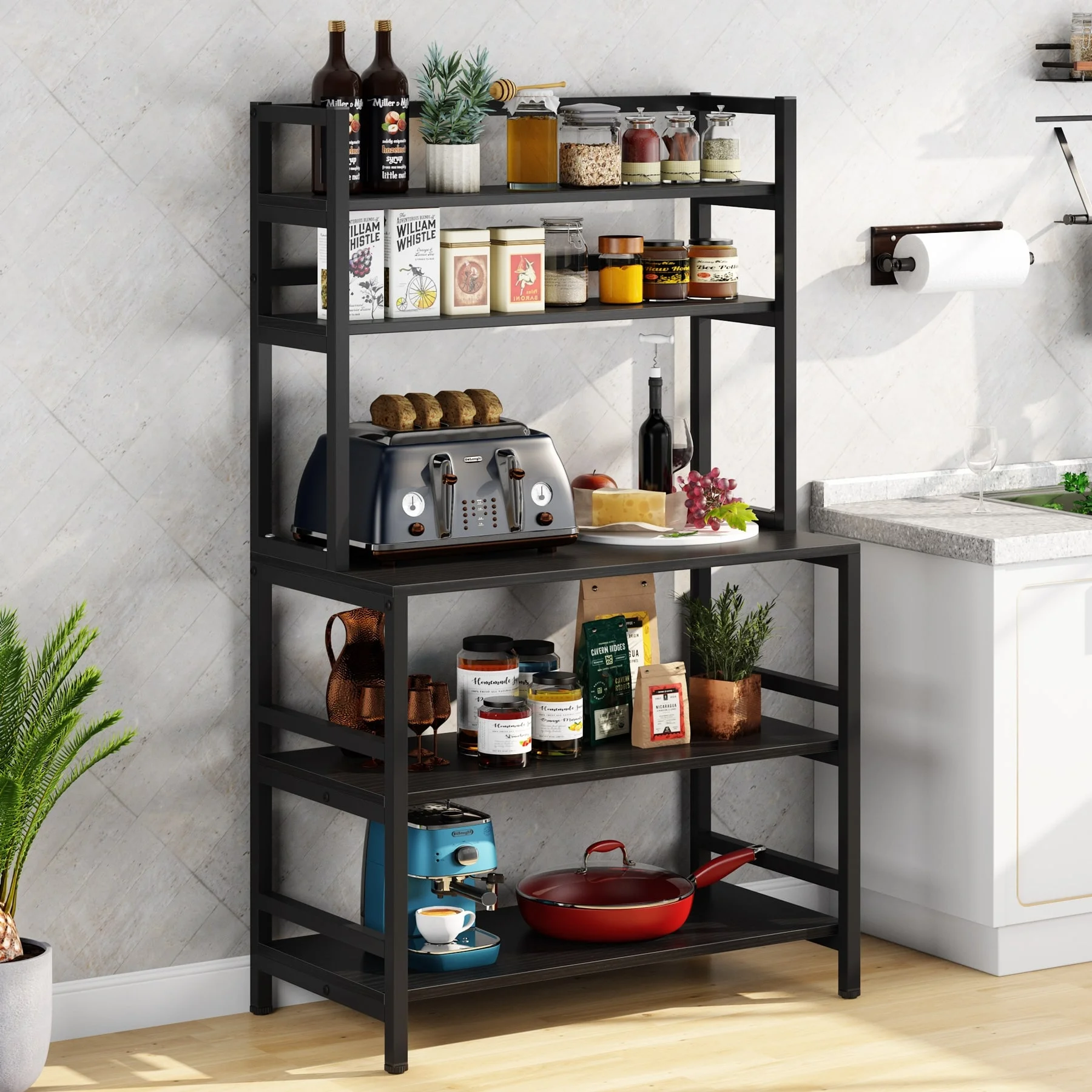 5-Tier Kitchen Bakers Rack Utility Storage Shelf Microwave Oven Stand, Industrial Microwave Cart Kitchen Stand with Hutch Black