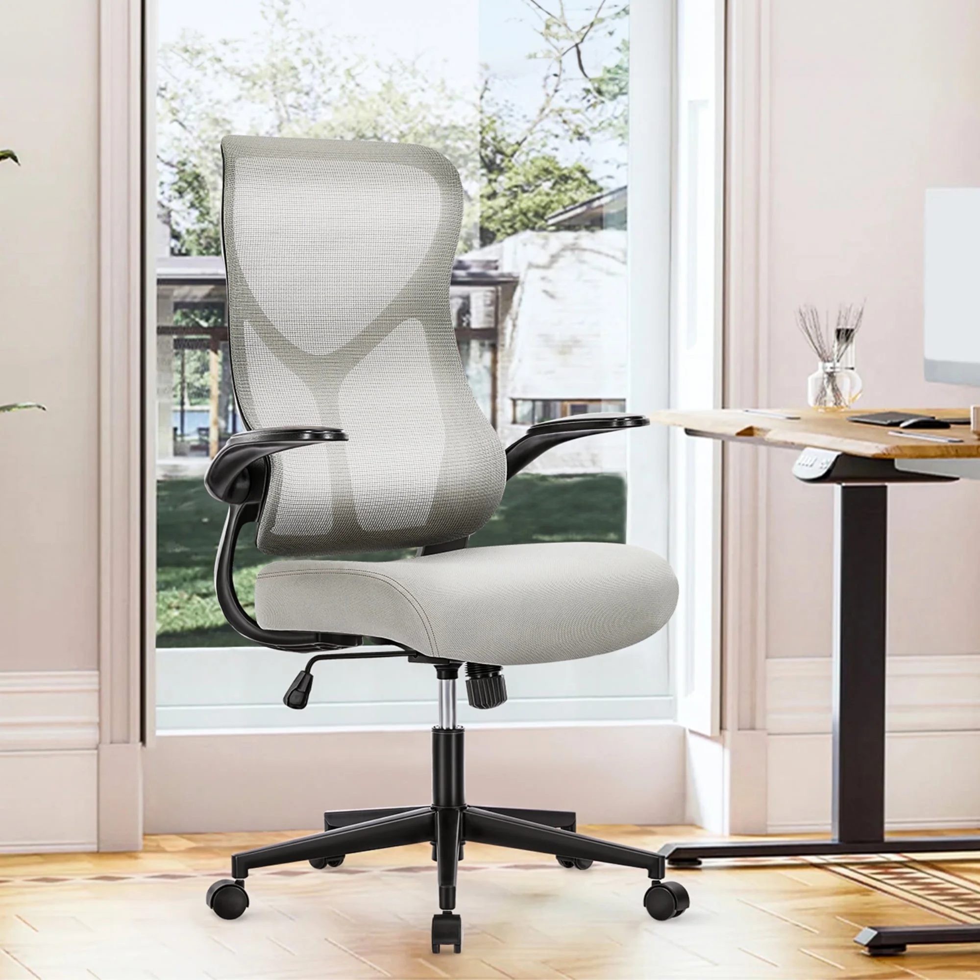 Yoyomax Office Chair, Ergonomic Home Office Desk Chairs, Computer Chair with Comfortable Armrests, Mesh Desk Chairs with Wheels, Gray