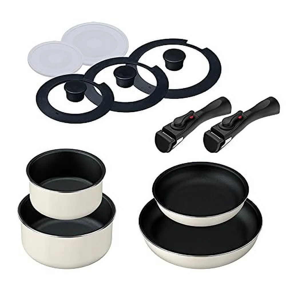Iris Ohyama Frying Pan Pot Set Frying Pan Set Gas Fire IH Compatible 11 Piece Set Diamond Coating with Handle Ricopa Color White Ivory TF-SE11