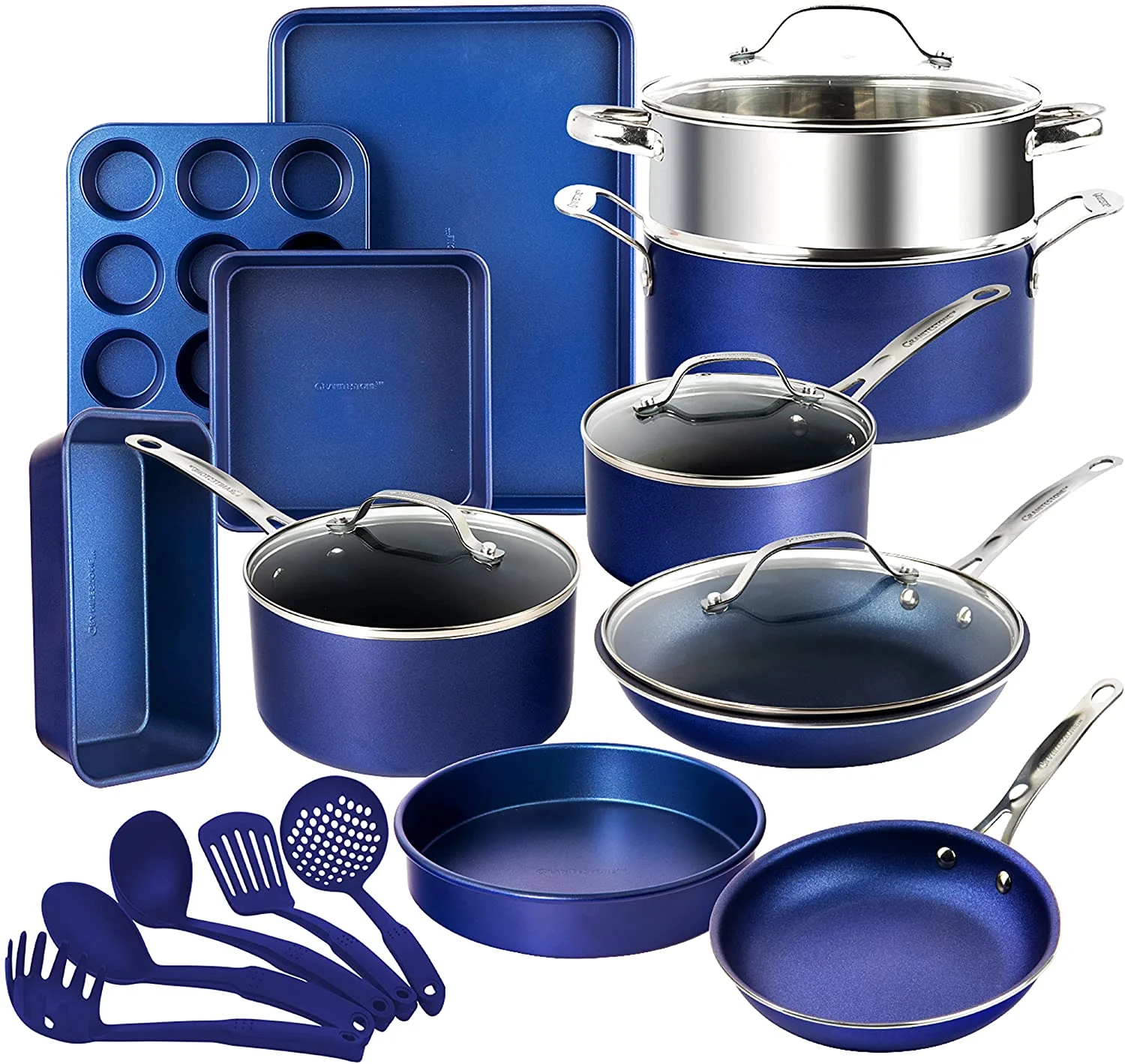 Granitestone Diamond Nonstick Pots and Pans 20 Piece Kitchen Cookware Bakeware Set Cooking Utensils Frying Skillet Blue