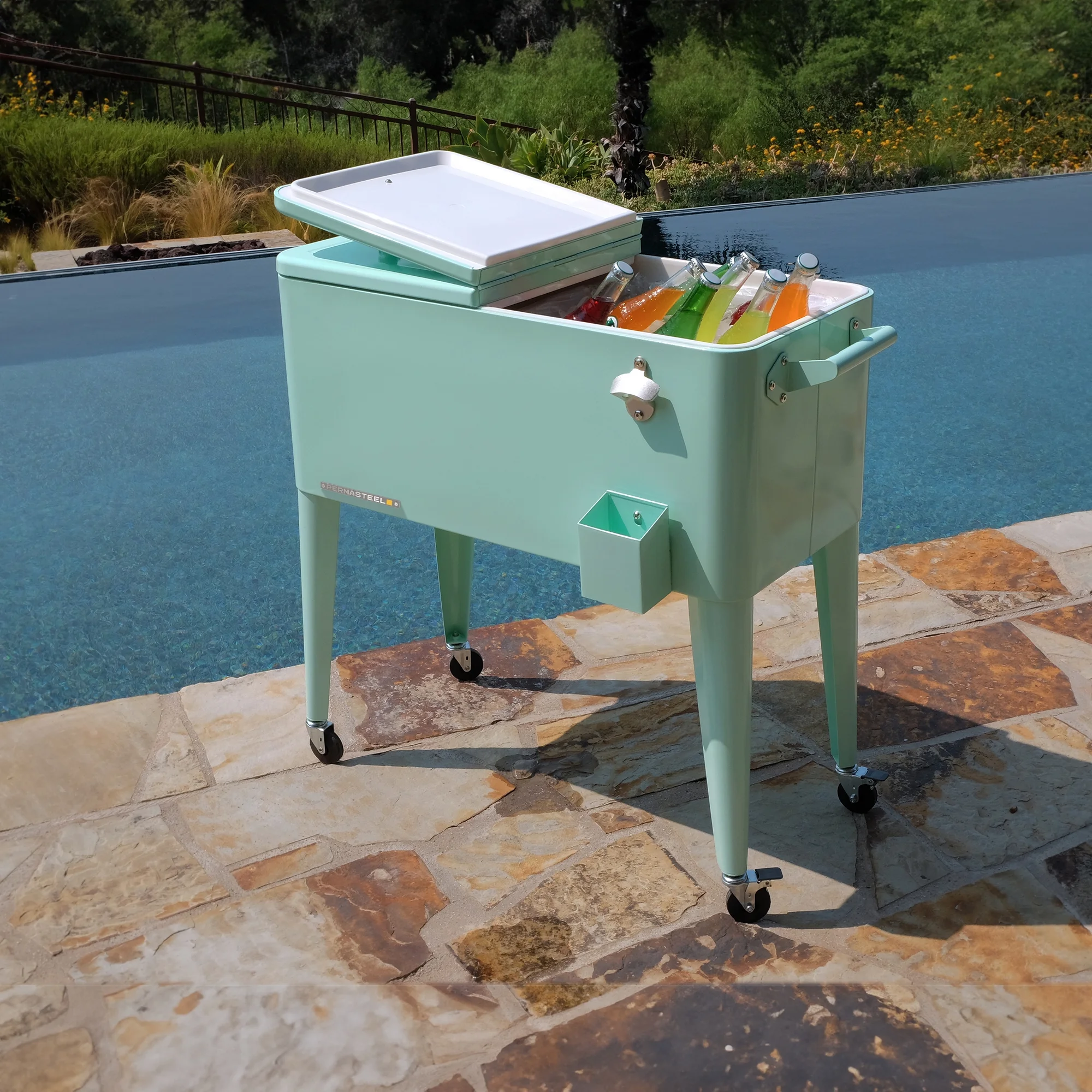 Permasteel 80-Qt Classic Outdoor Steel Patio Cooler on Wheels, Beverage Rolling Cart, Mint