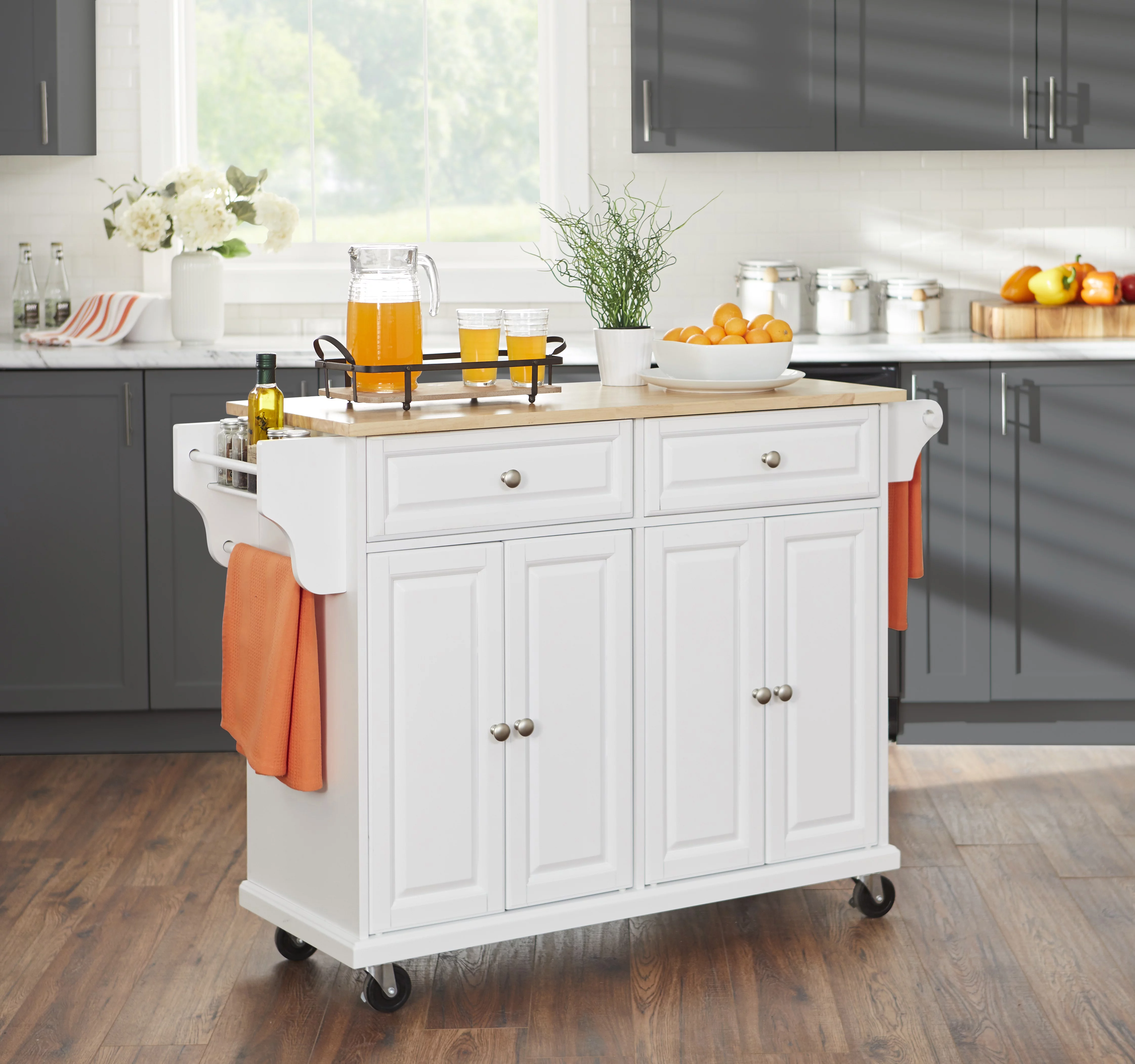 TMS Georgia Butcher Block Rolling Kitchen Island with Drawers, Shelves, Towel Racks, and Spice Rack, White