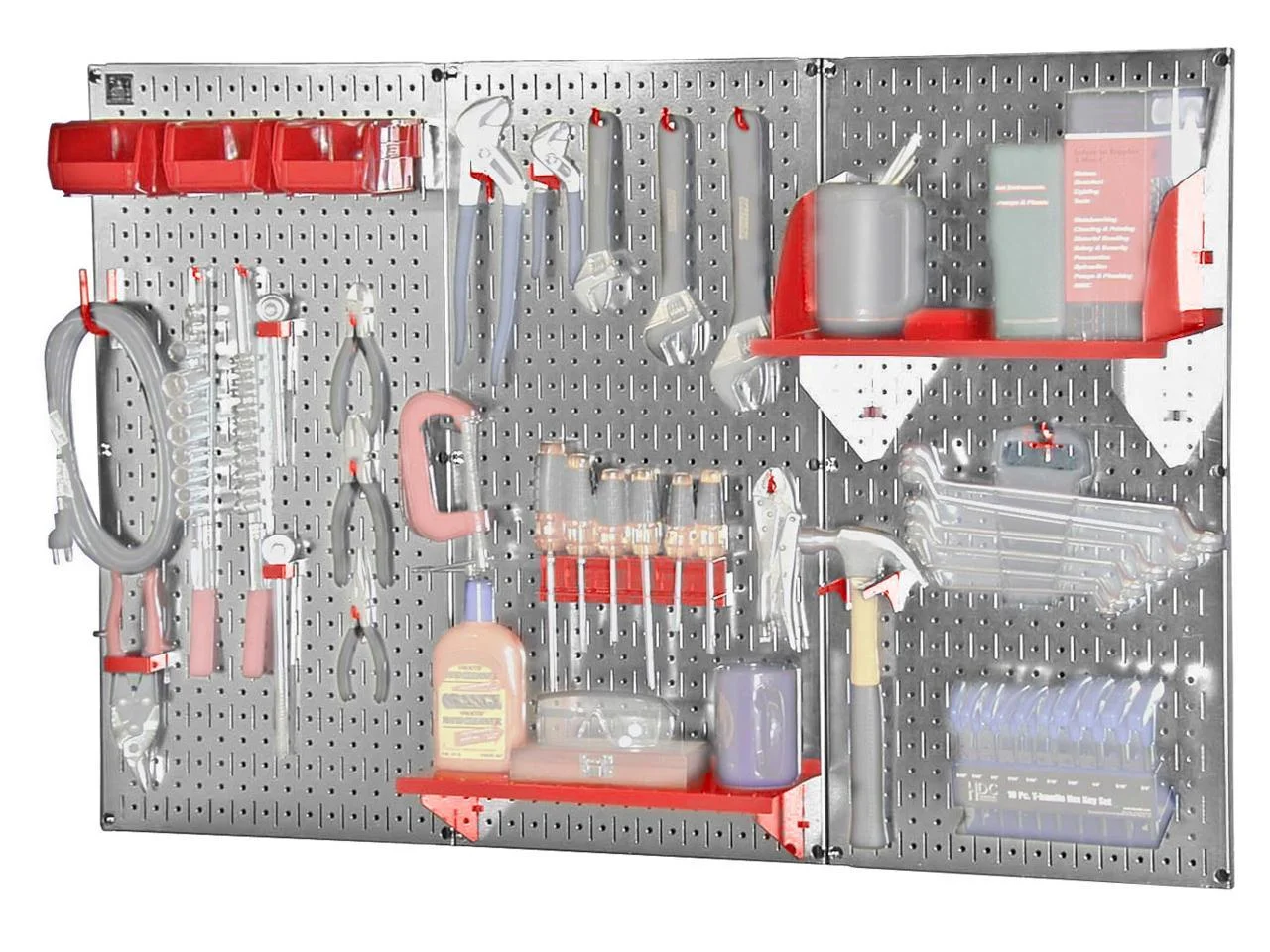 4ft Metal Pegboard Standard Tool Storage Kit - Galvanized Metallic Toolboard & Red Accessories