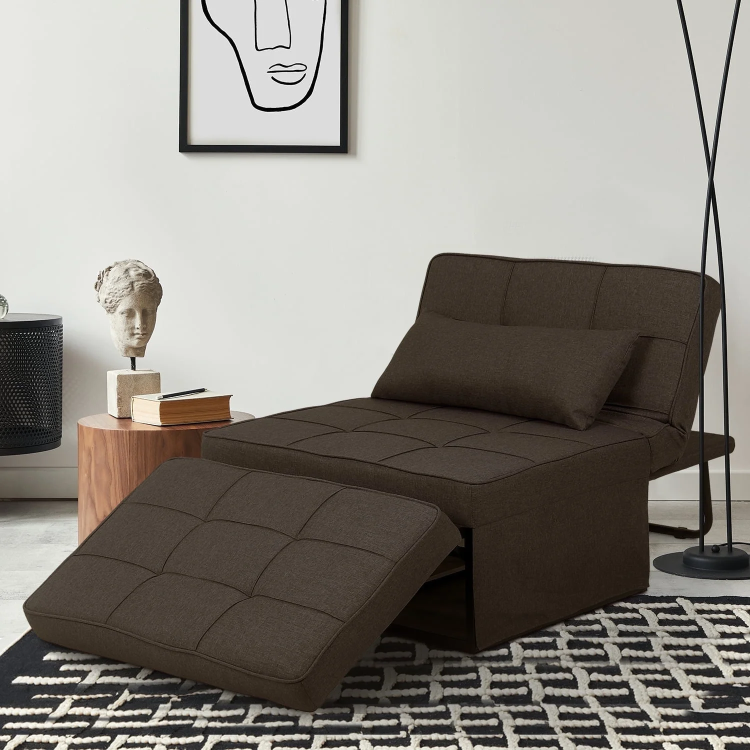 Ainfox Ottoman Chair Lounger Bed,4 in 1 Convertible Single Sofa Couch Futon Bed, 70.9''L x 33.9''W (Dark Brown)