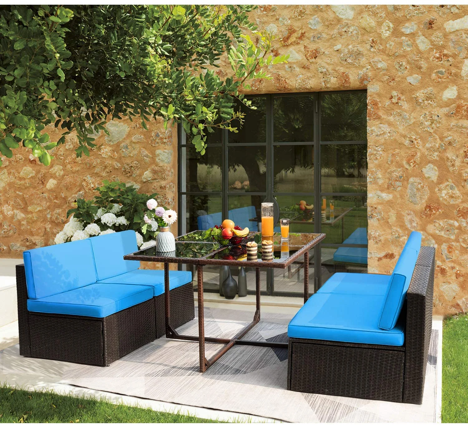 Vineego 5 Pieces Patio Dining Sets Outdoor Conversation Sets Wicker Patio Sectional Sofa with Tempered Glass Table(Blue)