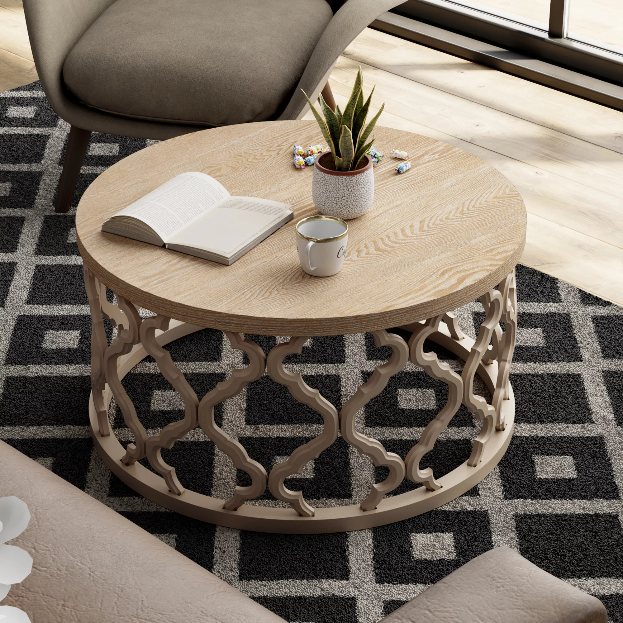 COZAYH Rustic Farmhouse Coffee Table, Distressed Wood Top Table with Curved Motif Frame Base for Boho, French Country Decor, Round, Natural