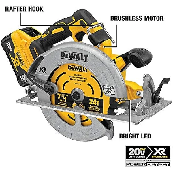ZHOUJIA 20V MAX XR Circular Saw, 7-1/4-Inch, Brushless, Power Detect Tool Technology, Battery and Charger Included (DCS574W1)