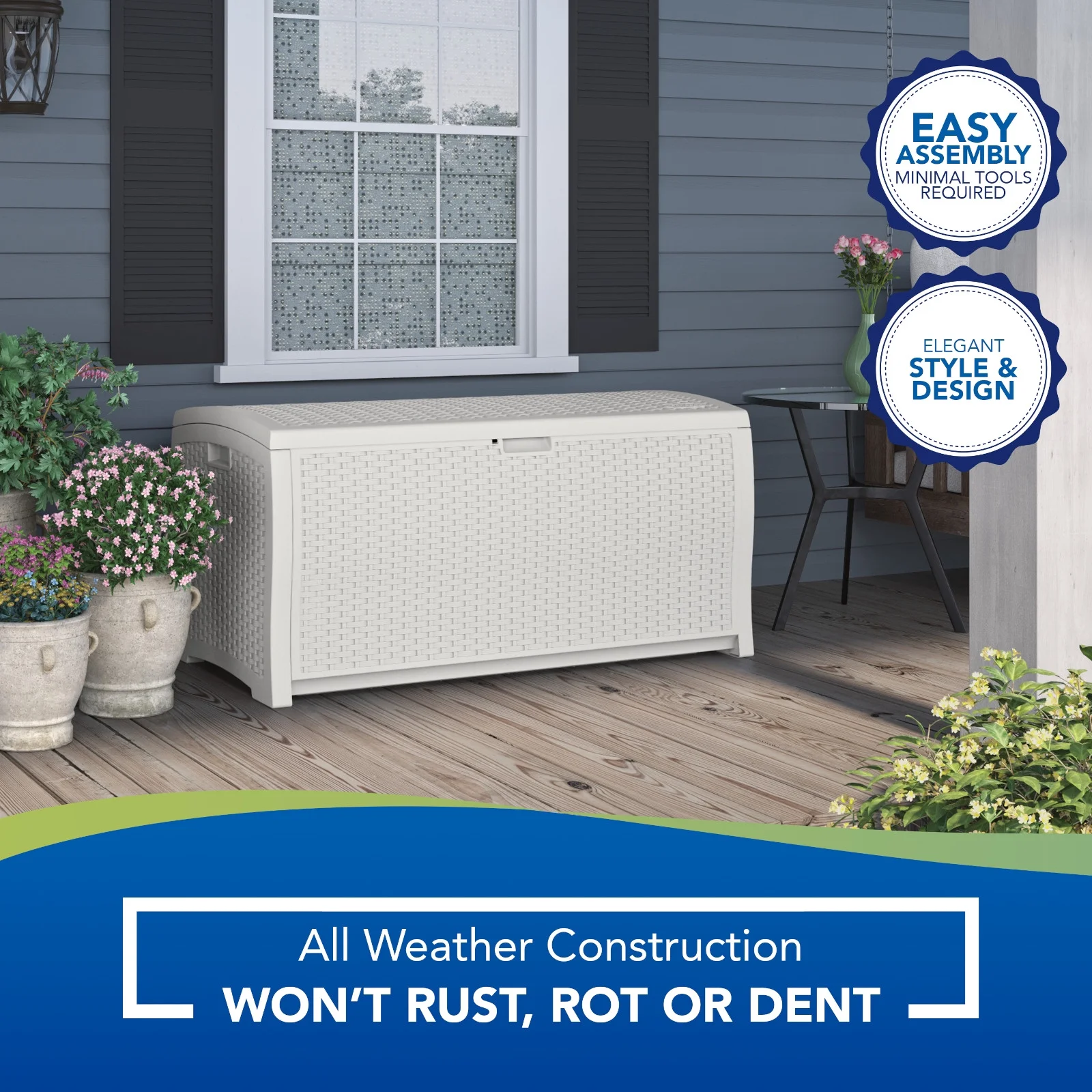 Suncast Outdoor 99 Gallon Wicker Deck Box, Resin, White, 50 in D x 22.5 in H x 25.6 in W, 41 lbs