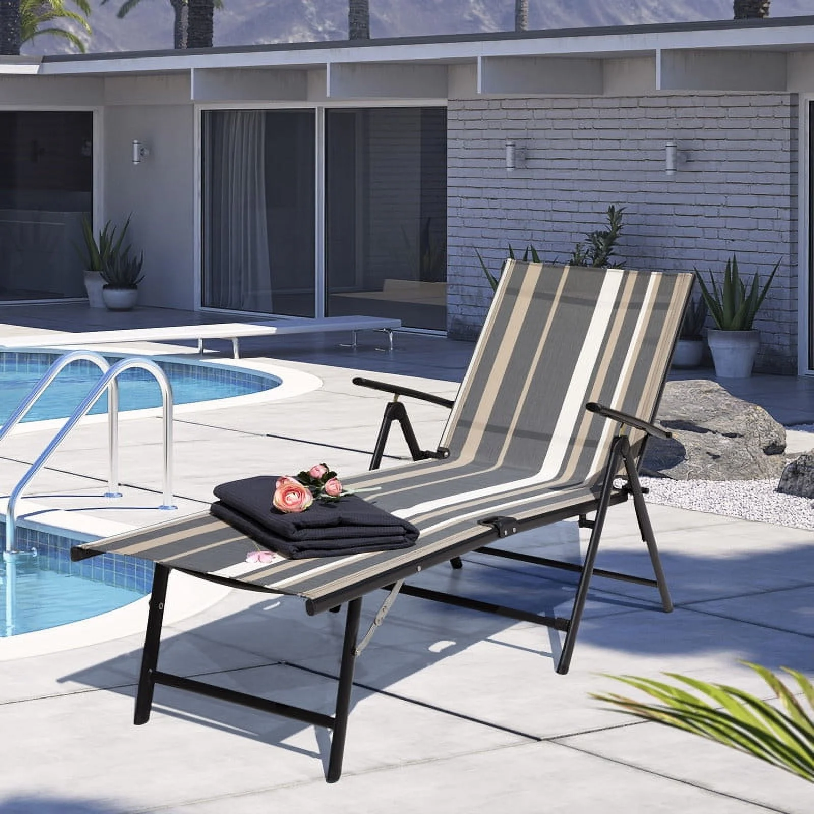 Nuu Garden 2-Piece Outdoor Patio Chaise Lounge Chair Adjustable Folding Pool Lounger w/ Steel Frame - Stripe