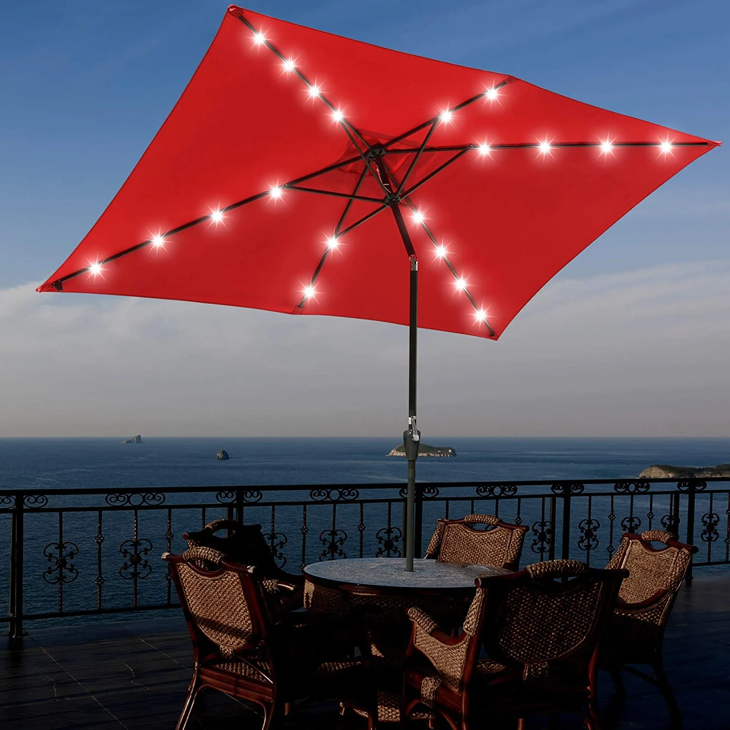 Red Outdoor Patio Beach Market Aluminium Umbrella Sun Shade Solar Powered LED Crank Tilt