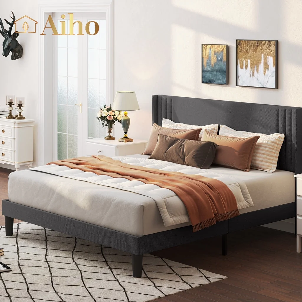 AIHO Queen Size Bed Frame, Upholstered Platform Bed Frame with Sturdy Metal Frame, Modern Wingback Headboard - Dark Gray